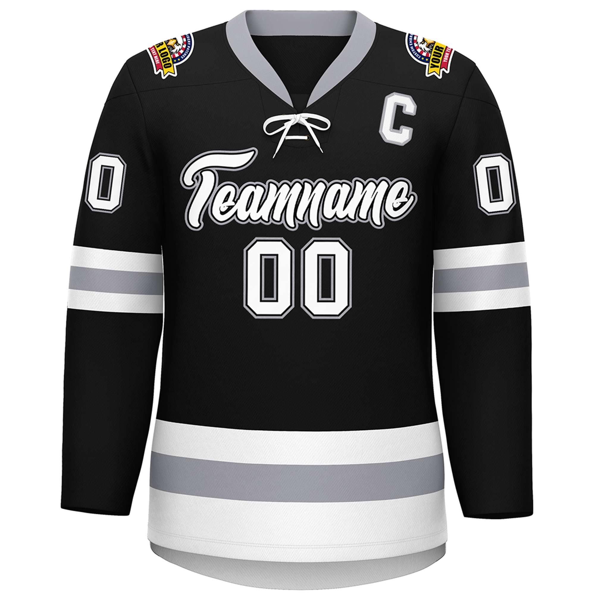 Custom Black White-Gray Lace-Up Neck Hockey Jersey | KXKSHOP