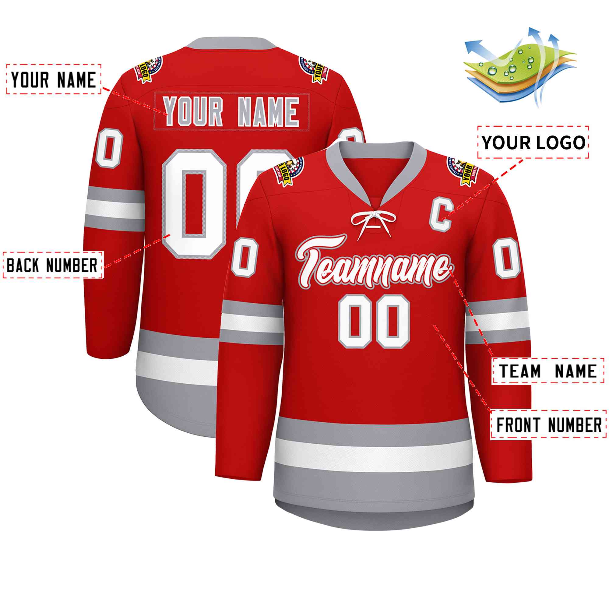 Custom Red White-Gray Lace-Up Neck Hockey Jersey | KXKSHOP