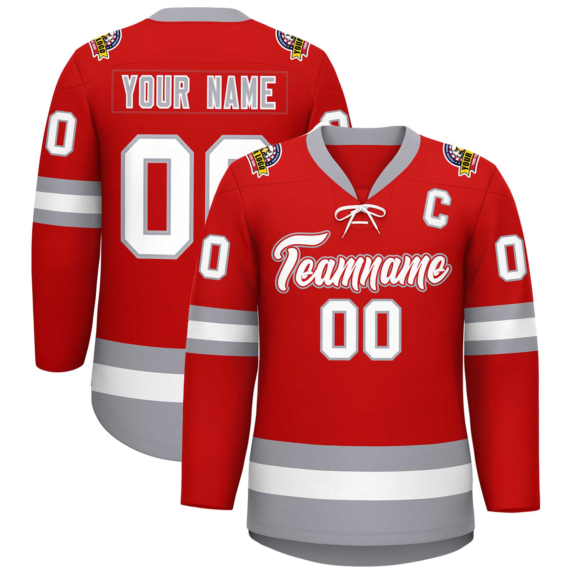 Custom Red White-Gray Lace-Up Neck Hockey Jersey | KXKSHOP