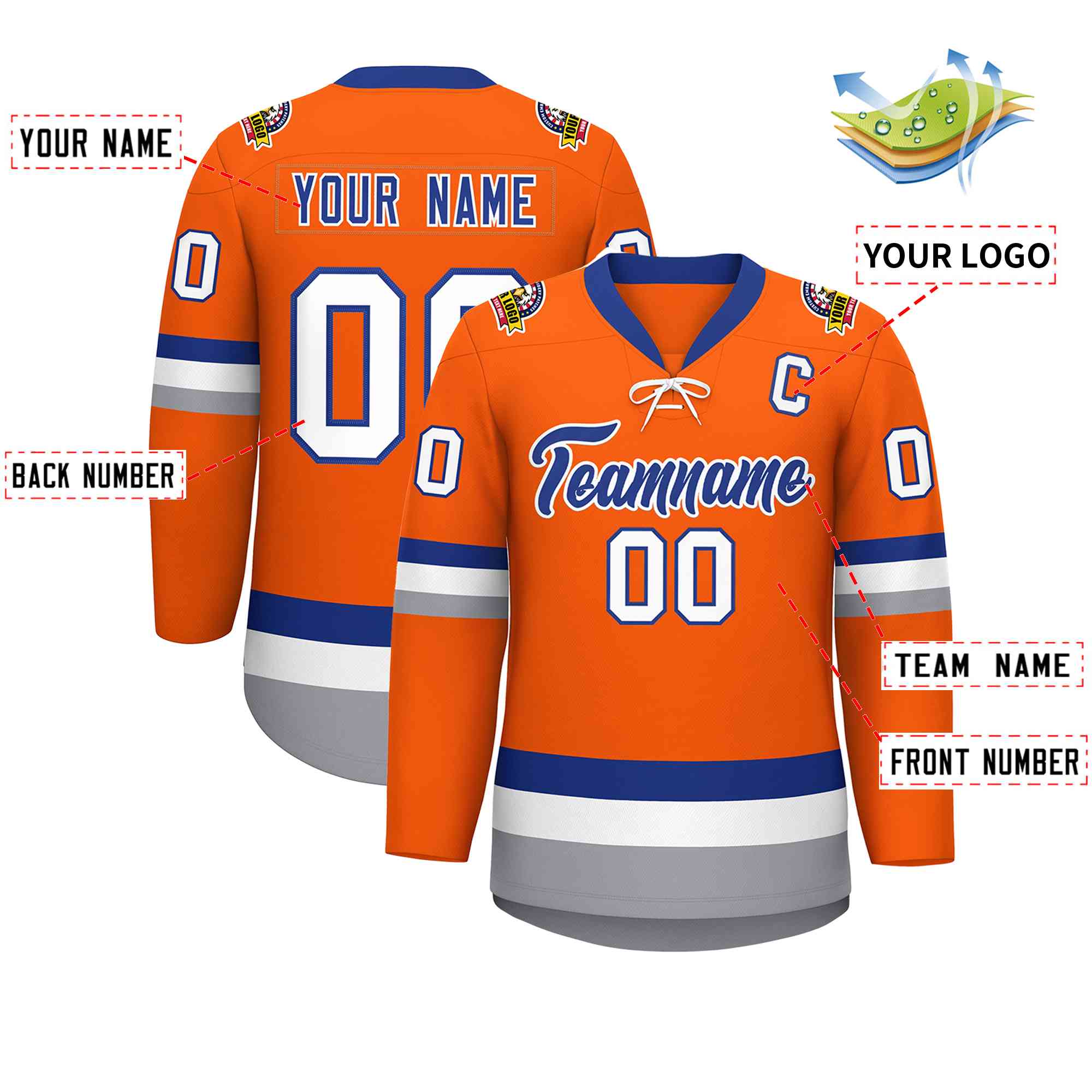 Custom Orange Royal-White Lace-Up Neck Hockey Jersey | KXKSHOP