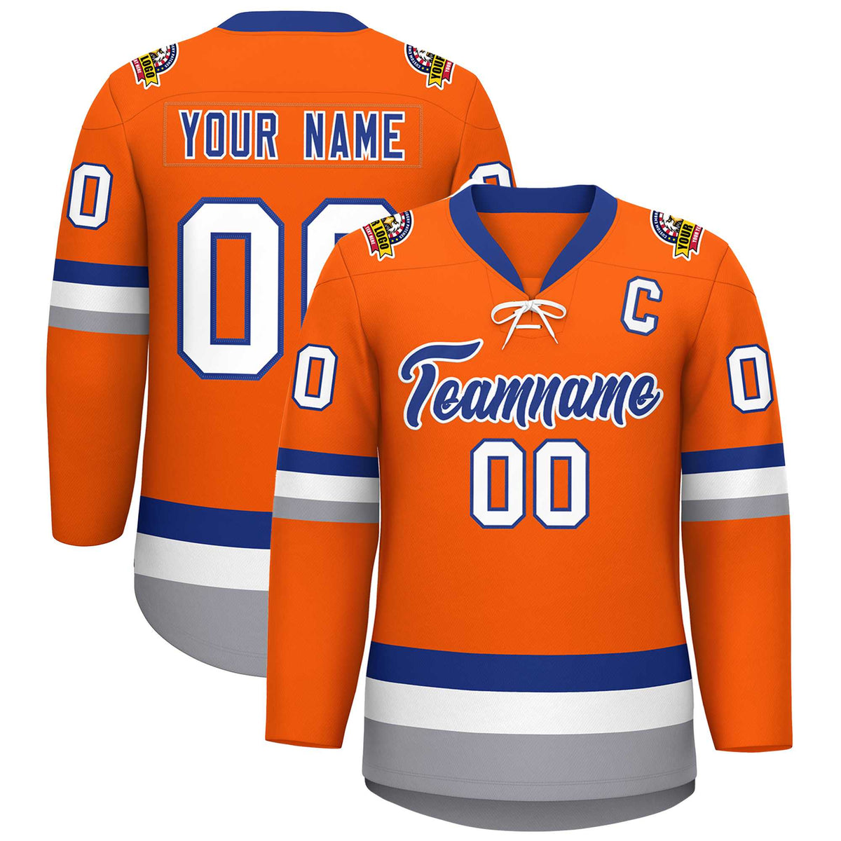Custom Orange Royal-White Lace-Up Neck Hockey Jersey | KXKSHOP