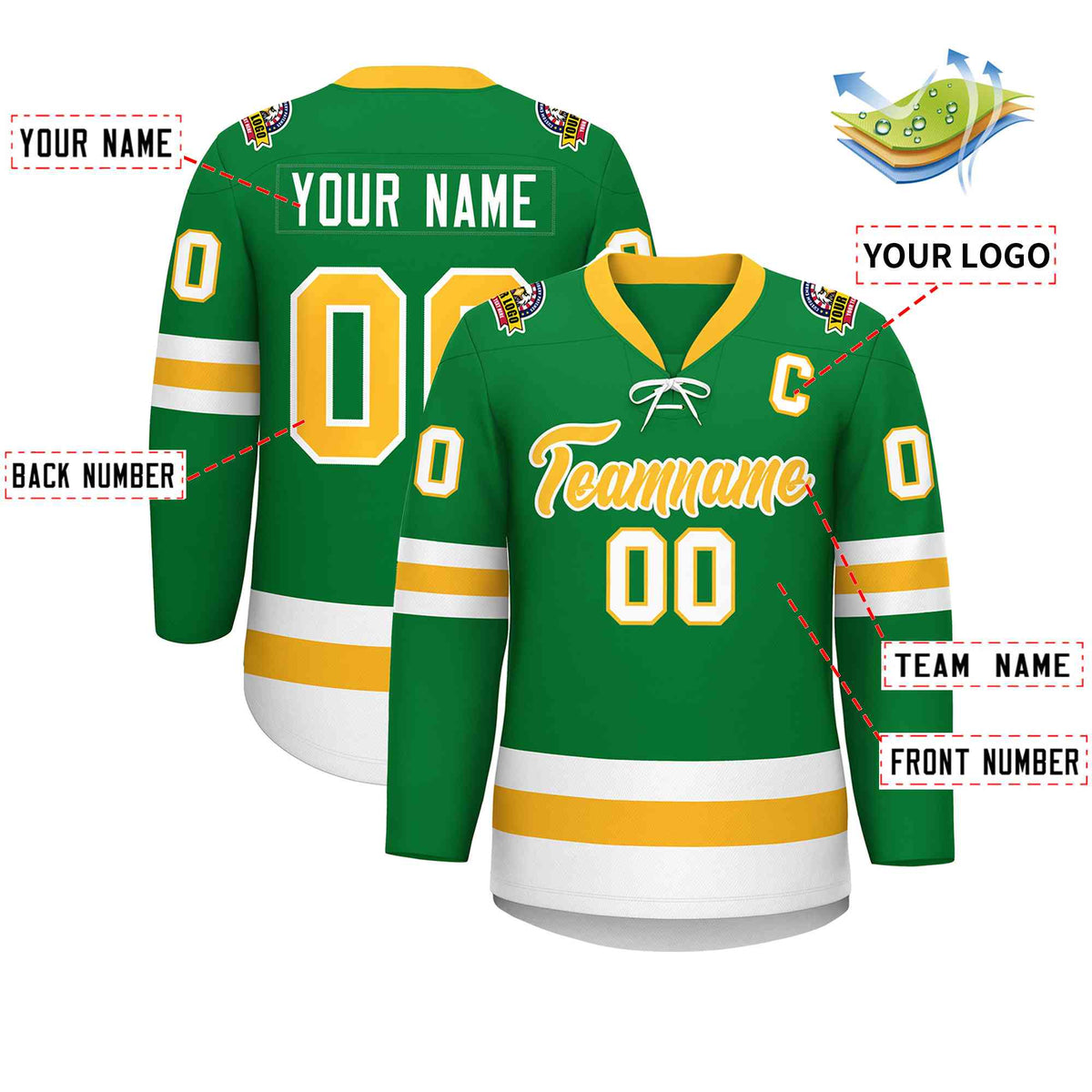 Custom Kelly Green Gold-White Lace-Up Neck Hockey Jersey | KXKSHOP