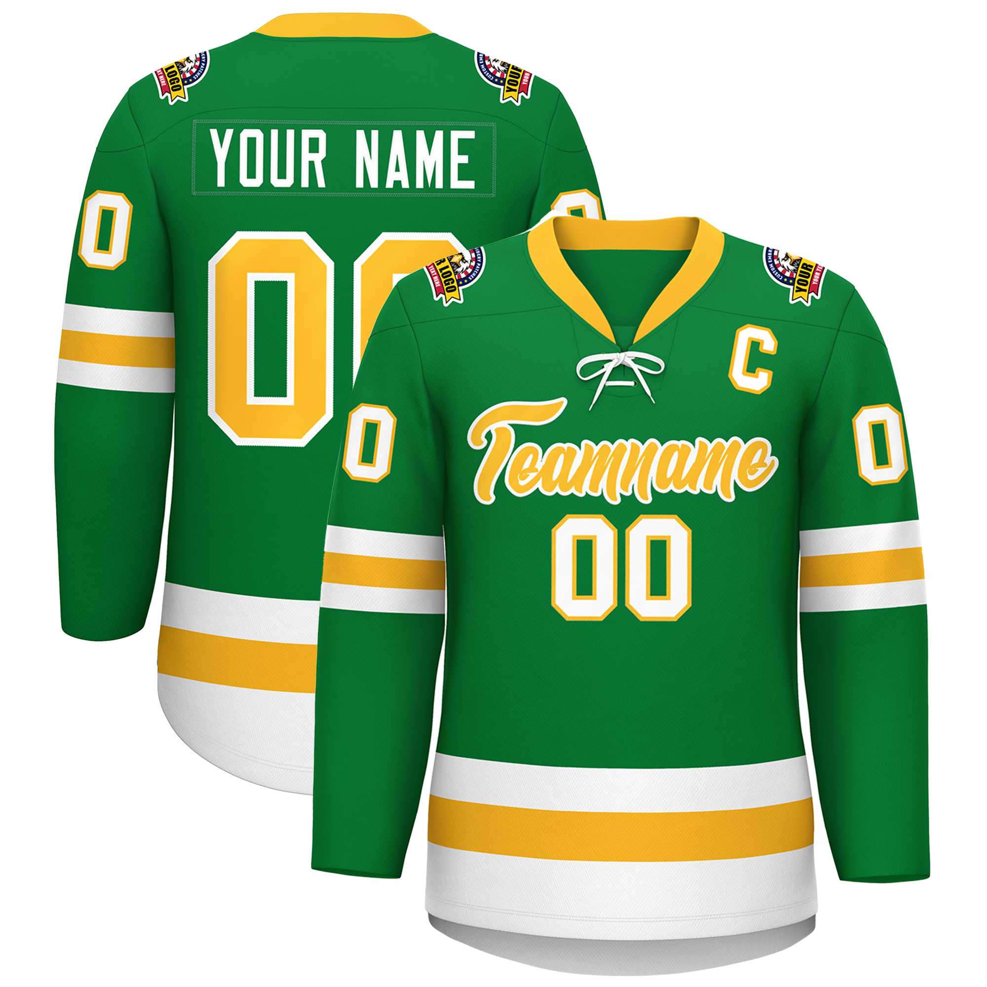 Custom Kelly Green Gold-White Lace-Up Neck Hockey Jersey | KXKSHOP