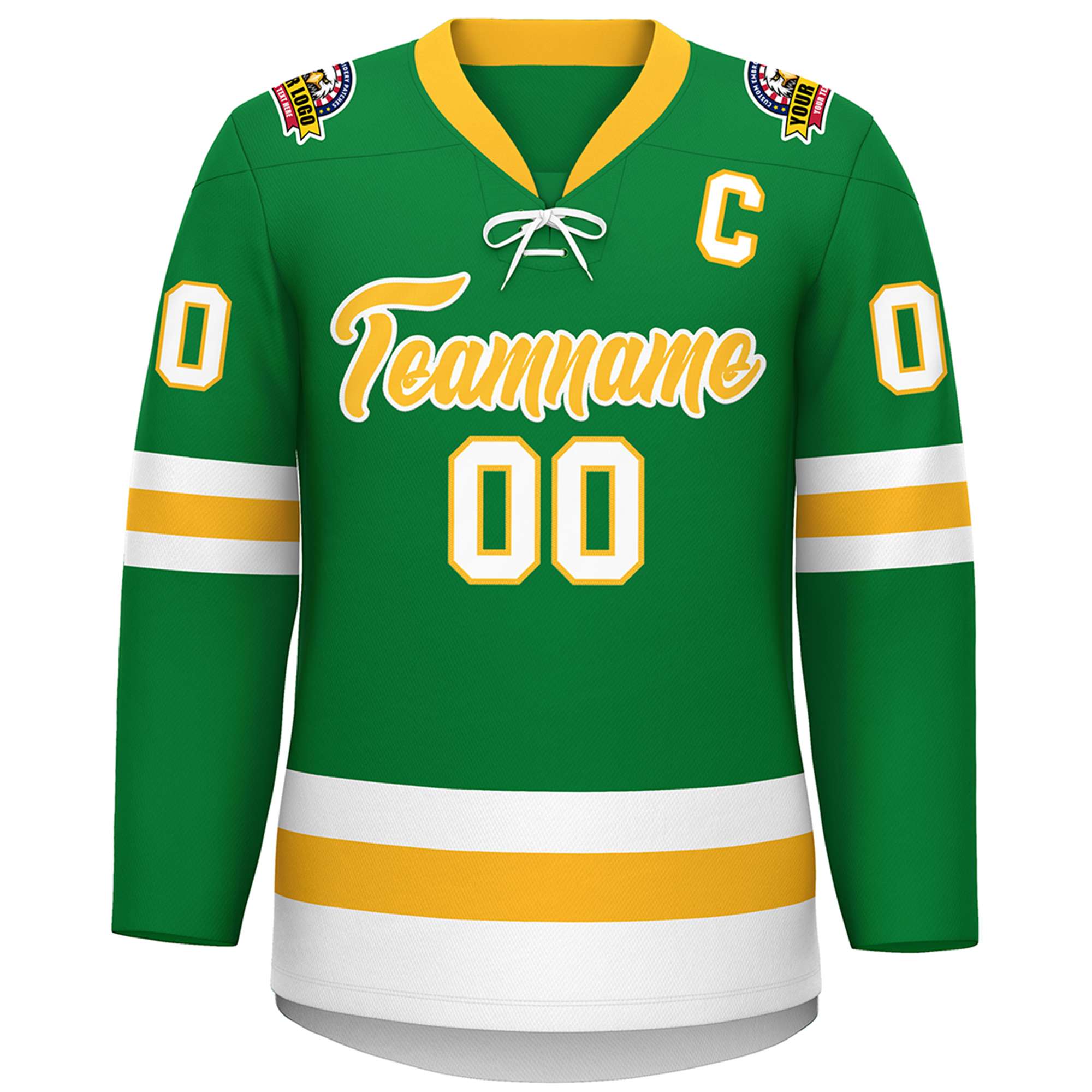 Custom Kelly Green Gold-White Lace-Up Neck Hockey Jersey | KXKSHOP