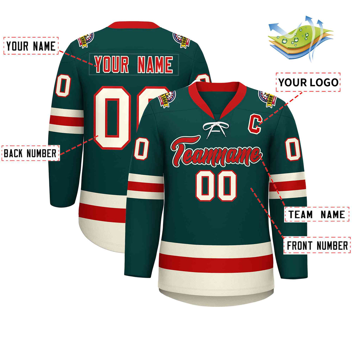 Custom Midnight Green Red-Cream Lace-Up Neck Hockey Jersey | KXKSHOP