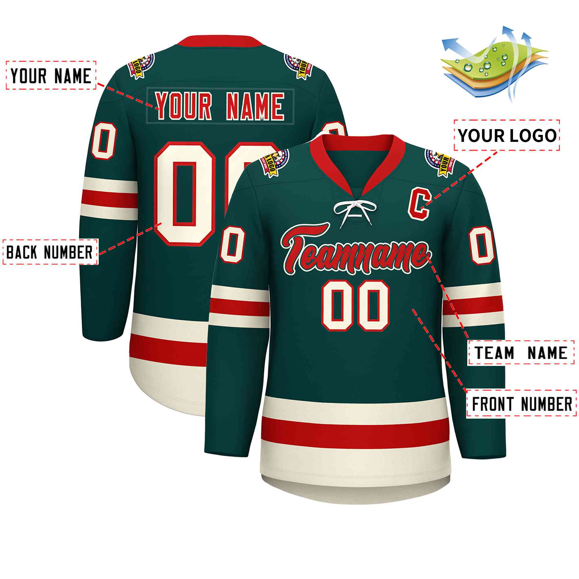 Custom Midnight Green Red-Cream Lace-Up Neck Hockey Jersey | KXKSHOP