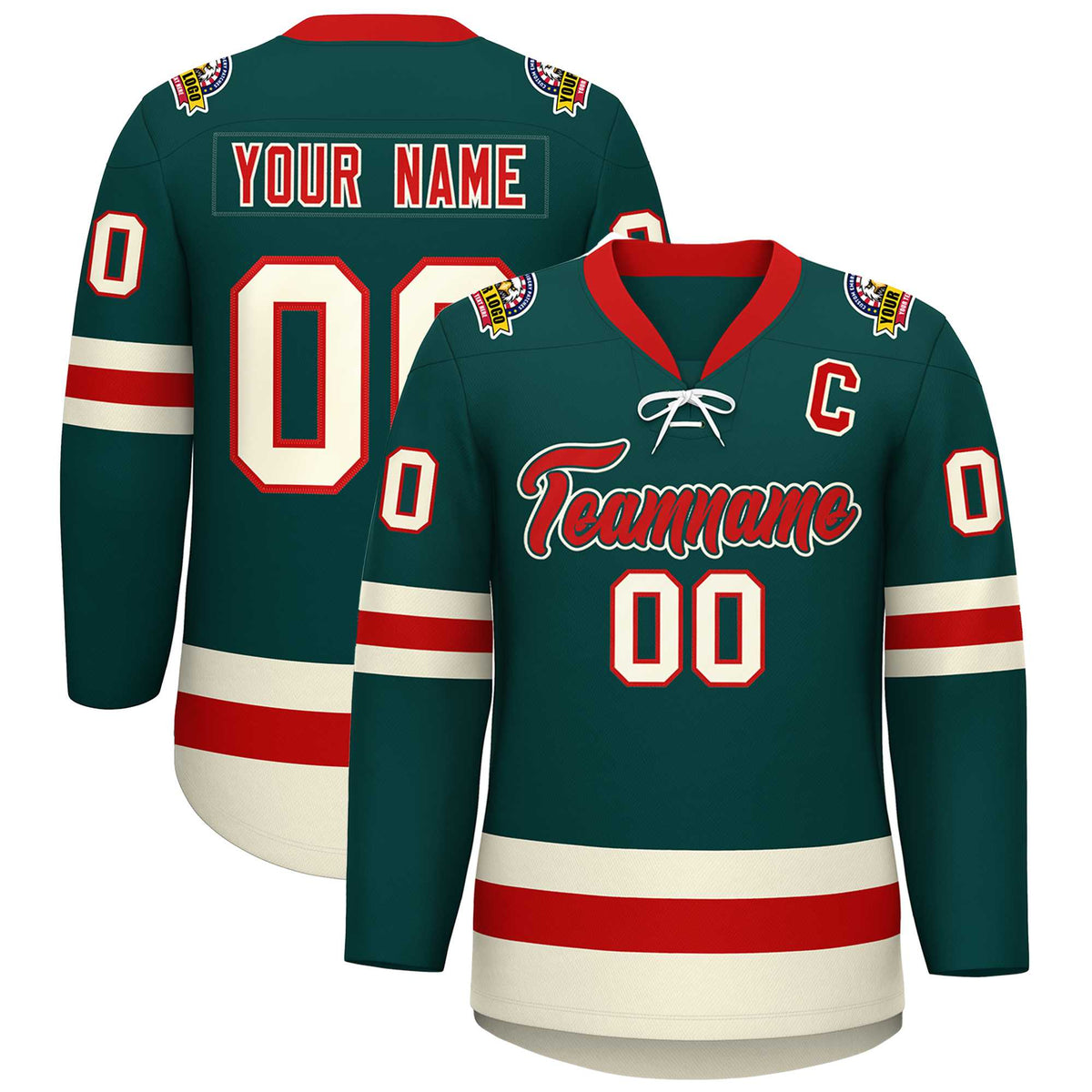 Custom Midnight Green Red-Cream Lace-Up Neck Hockey Jersey | KXKSHOP
