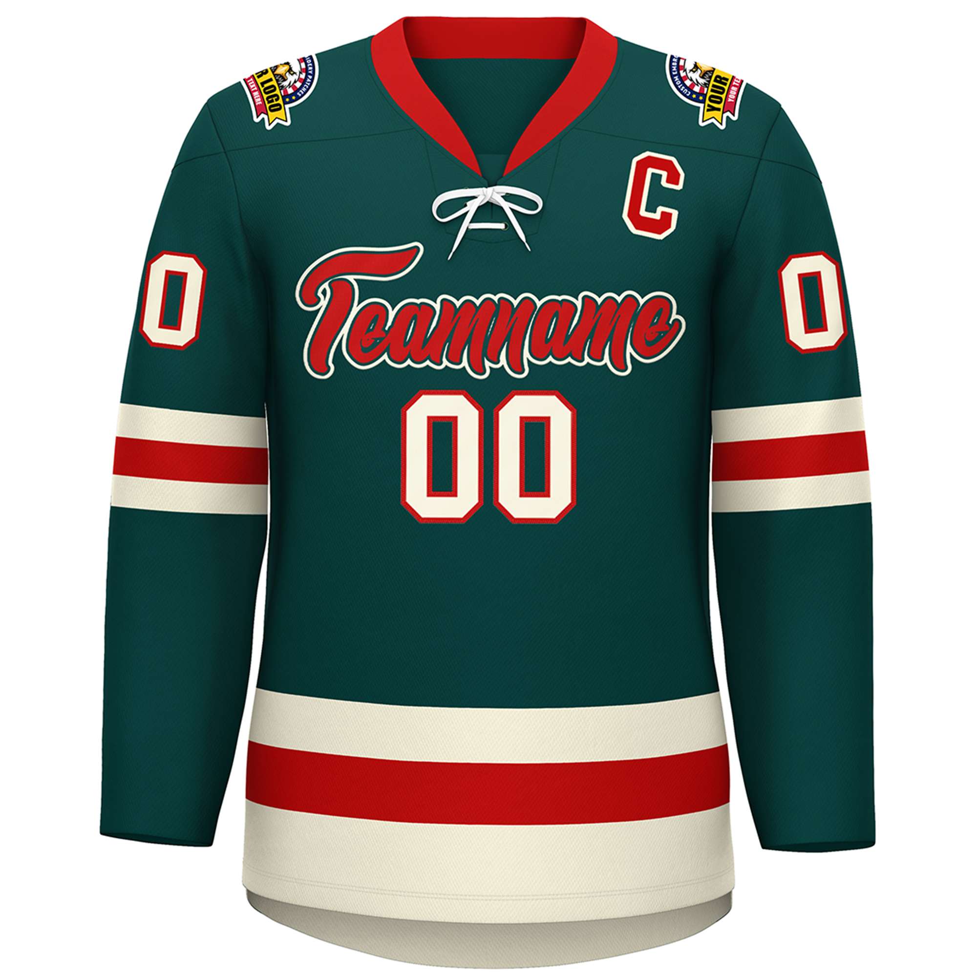 Custom Midnight Green Red-Cream Lace-Up Neck Hockey Jersey | KXKSHOP