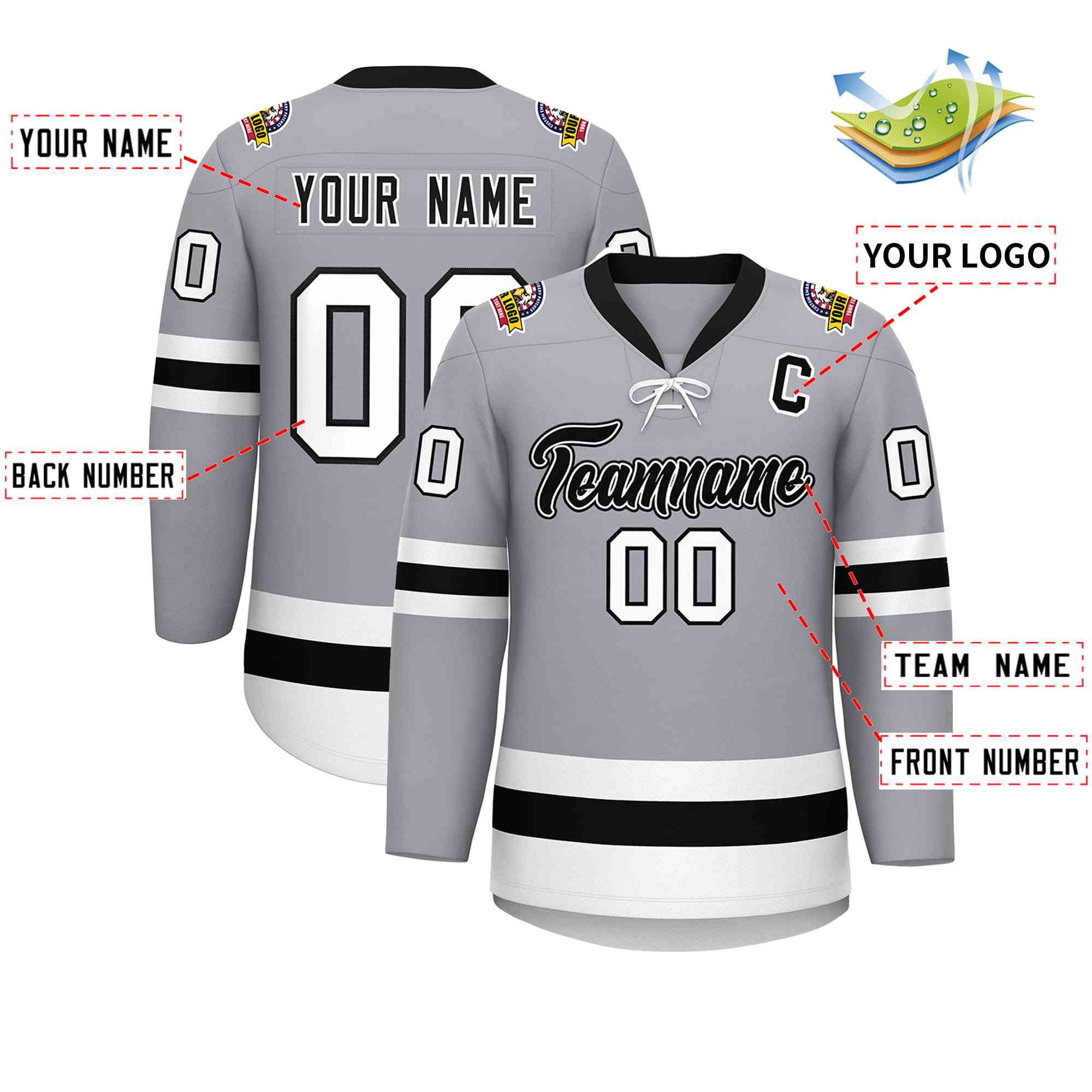Custom Gray Black-White Lace-Up Neck Hockey Jersey | KXKSHOP