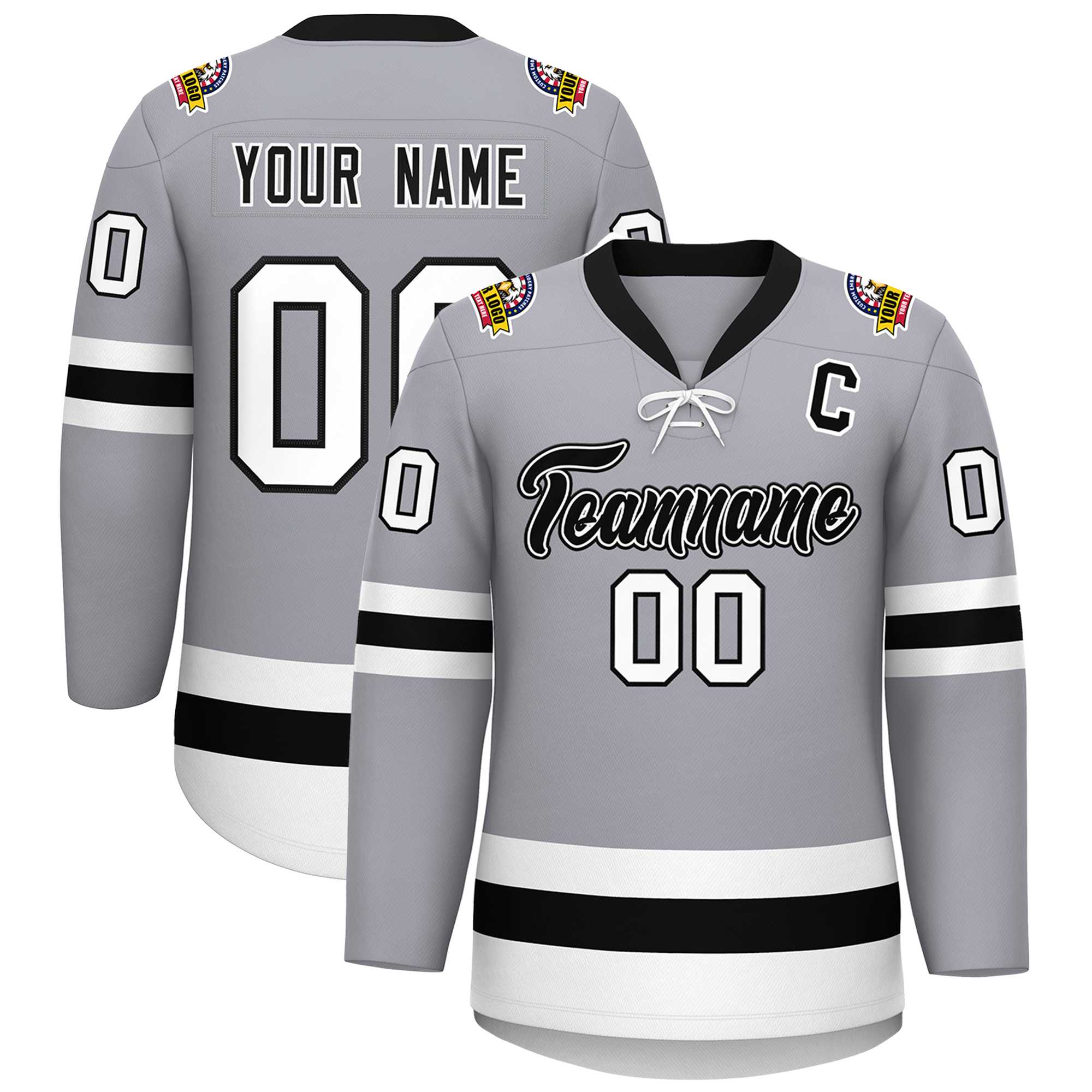 Custom Gray Black-White Lace-Up Neck Hockey Jersey | KXKSHOP