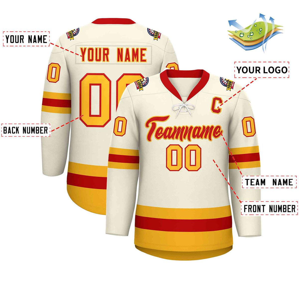 Custom Cream Red-Gold Lace-Up Neck Hockey Jersey | KXKSHOP