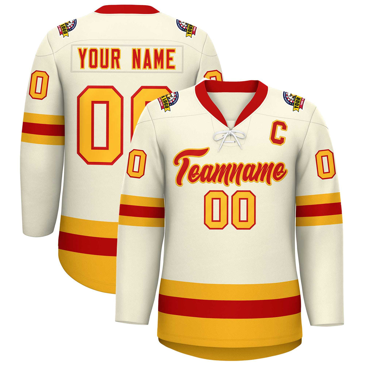 Custom Cream Red-Gold Lace-Up Neck Hockey Jersey | KXKSHOP