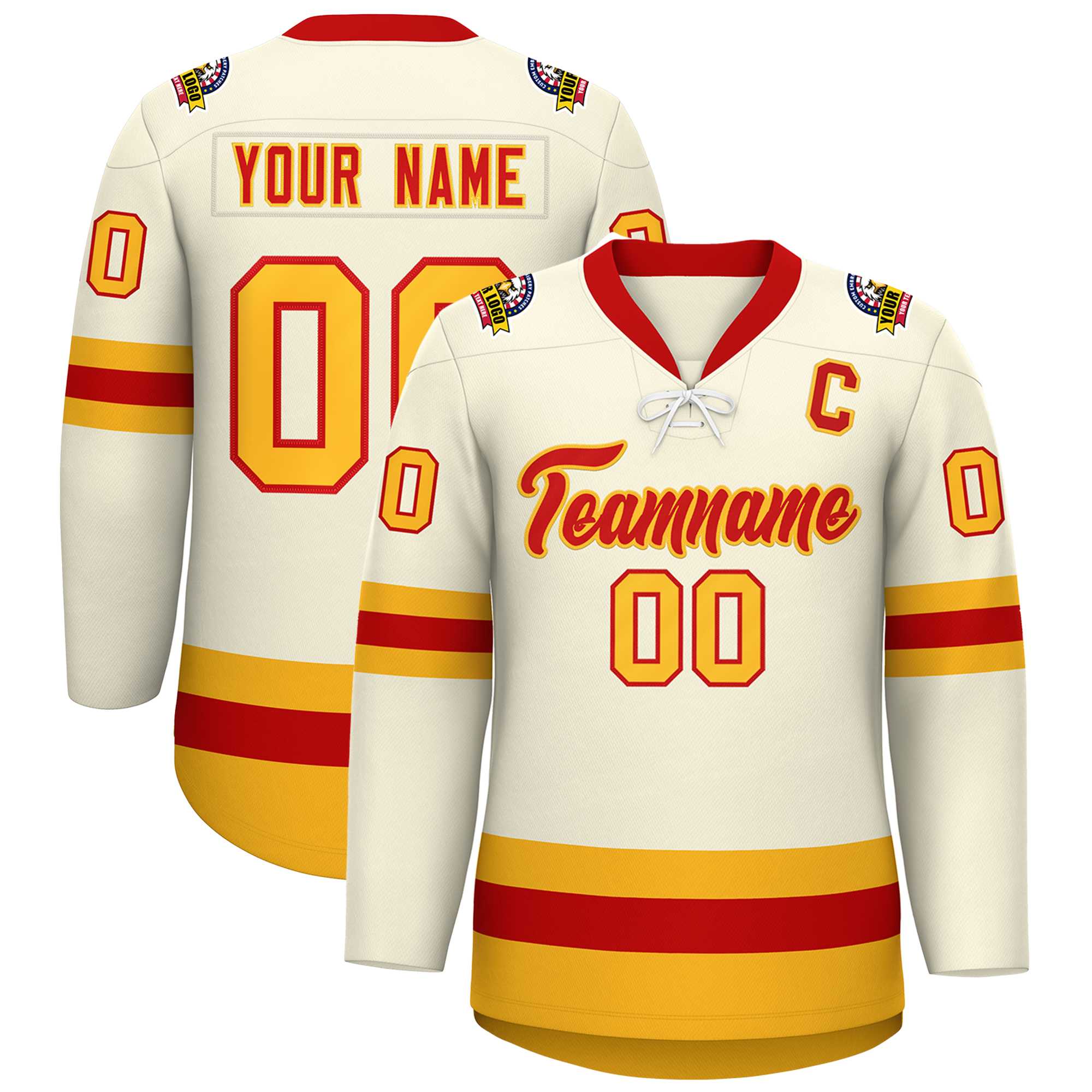Custom Cream Red-Gold Lace-Up Neck Hockey Jersey | KXKSHOP