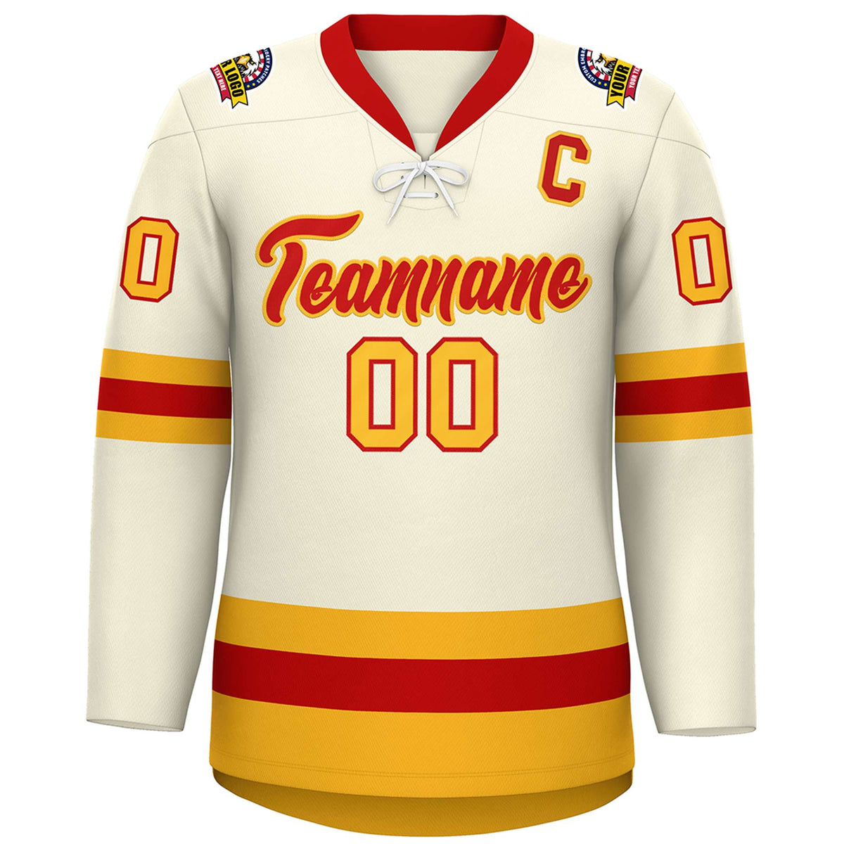Custom Cream Red-Gold Lace-Up Neck Hockey Jersey | KXKSHOP