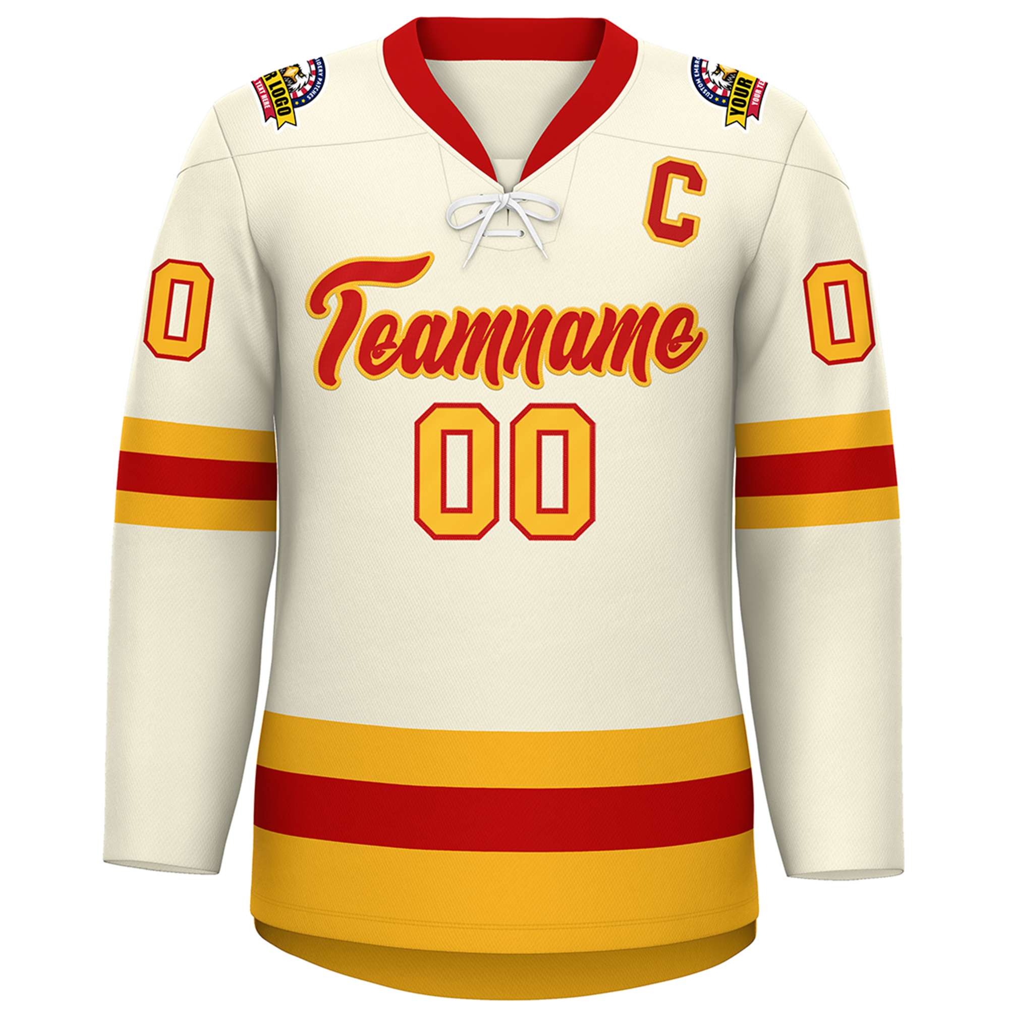 Custom Cream Red-Gold Lace-Up Neck Hockey Jersey | KXKSHOP