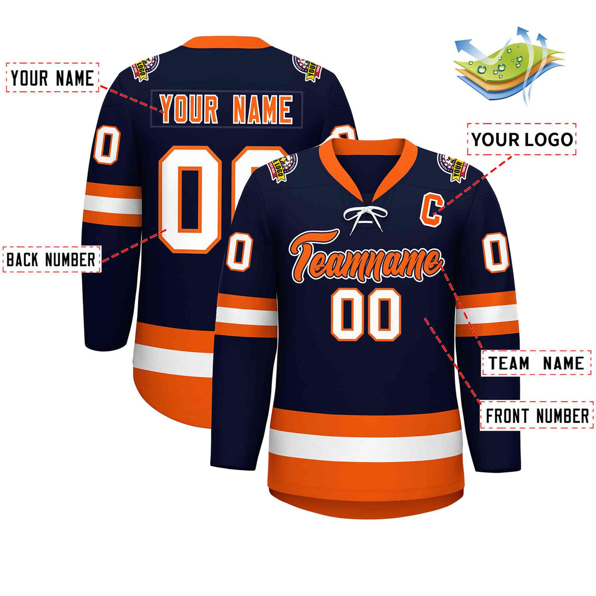Custom Navy Orange-White Lace-Up Neck Hockey Jersey | KXKSHOP