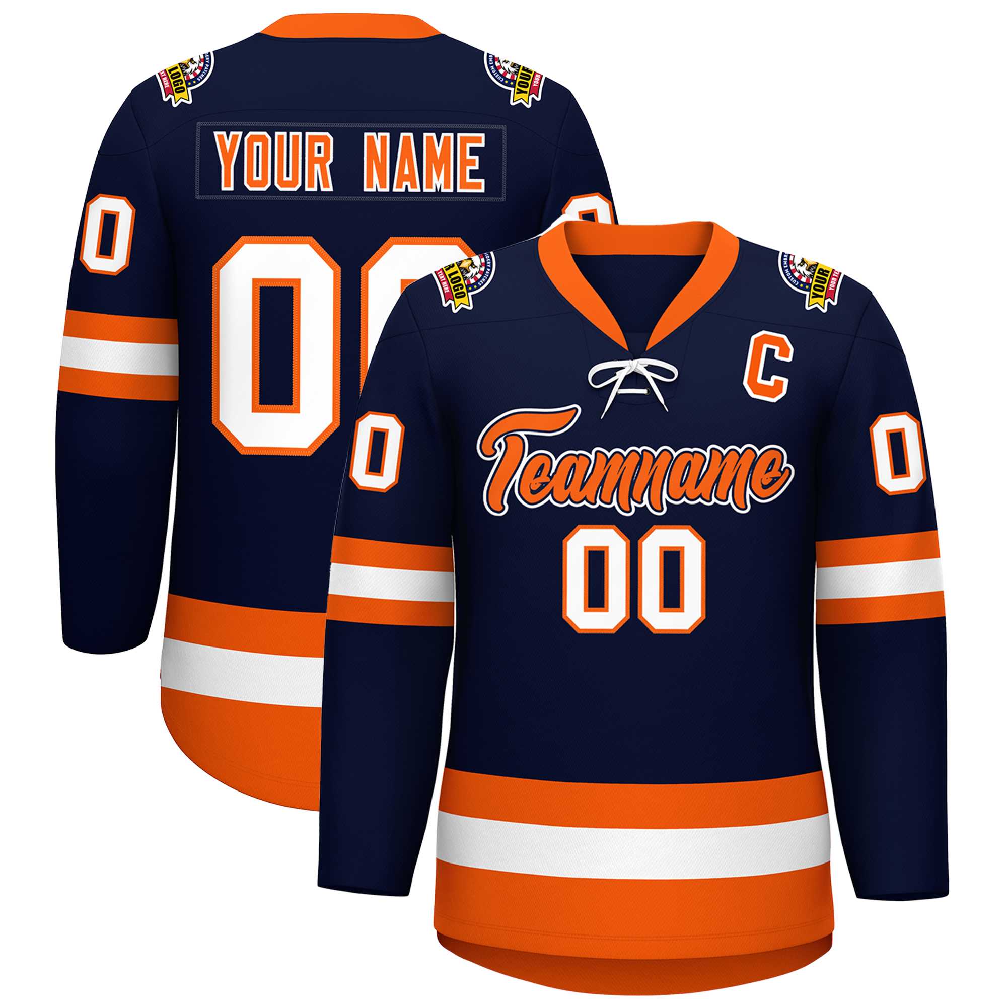 Custom Navy Orange-White Lace-Up Neck Hockey Jersey | KXKSHOP