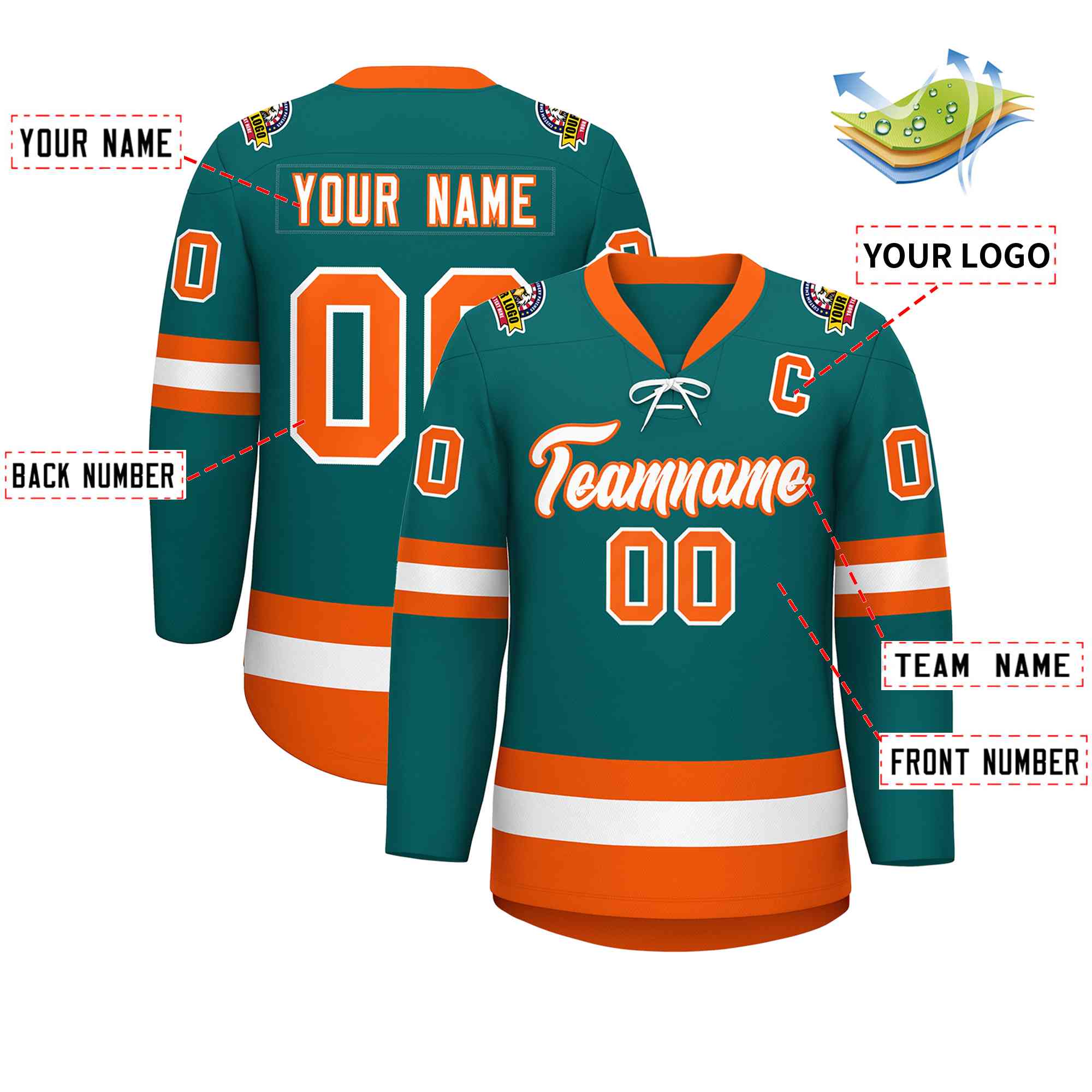 Custom Aqua White-Orange Lace-Up Neck Hockey Jersey | KXKSHOP