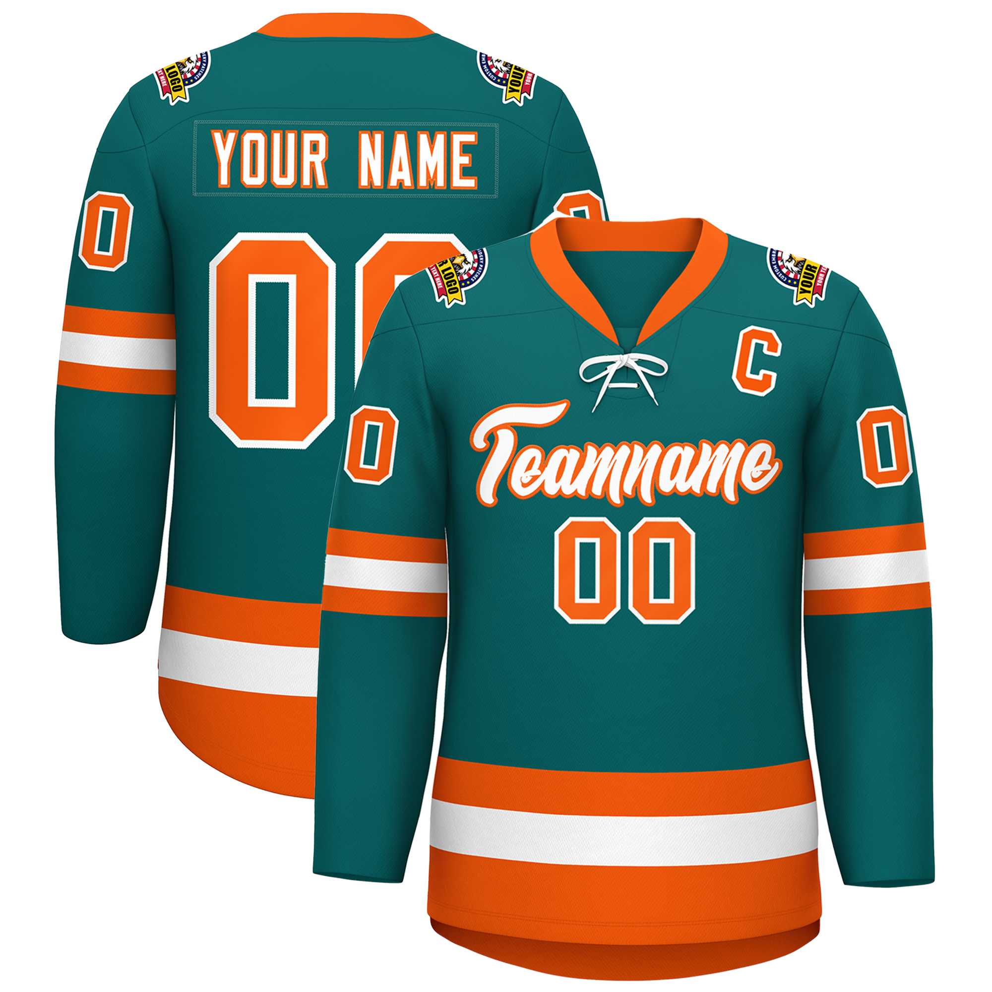Custom Aqua White-Orange Lace-Up Neck Hockey Jersey | KXKSHOP