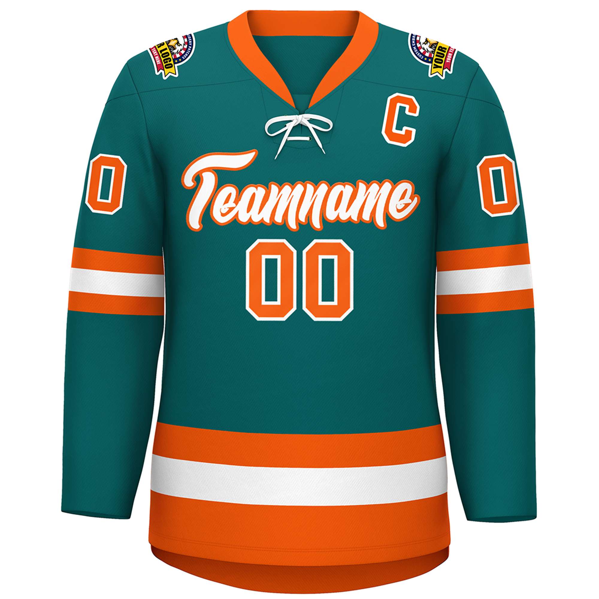 Custom Aqua White-Orange Lace-Up Neck Hockey Jersey | KXKSHOP