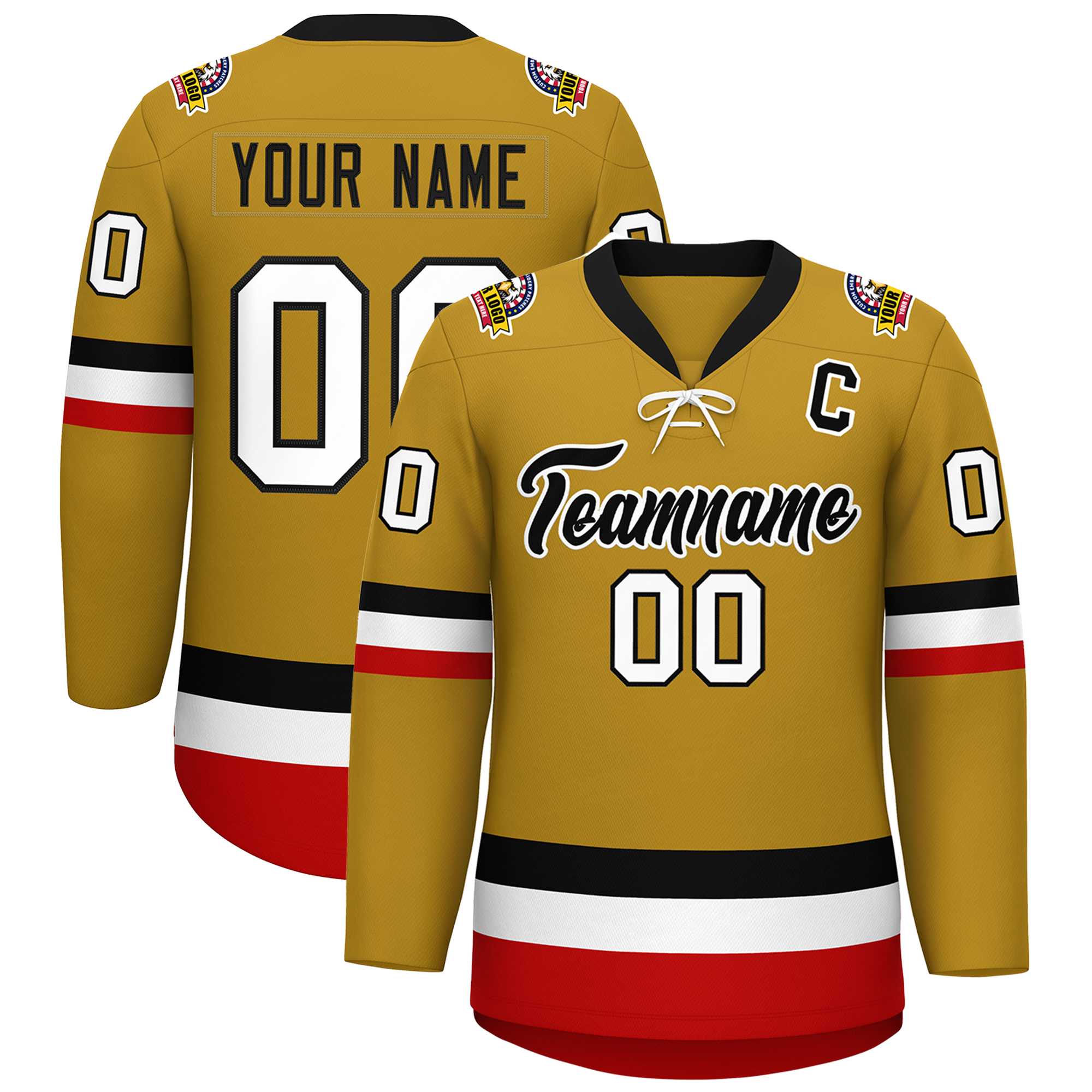Custom Old Gold Black-White Lace-Up Neck Hockey Jersey | KXKSHOP