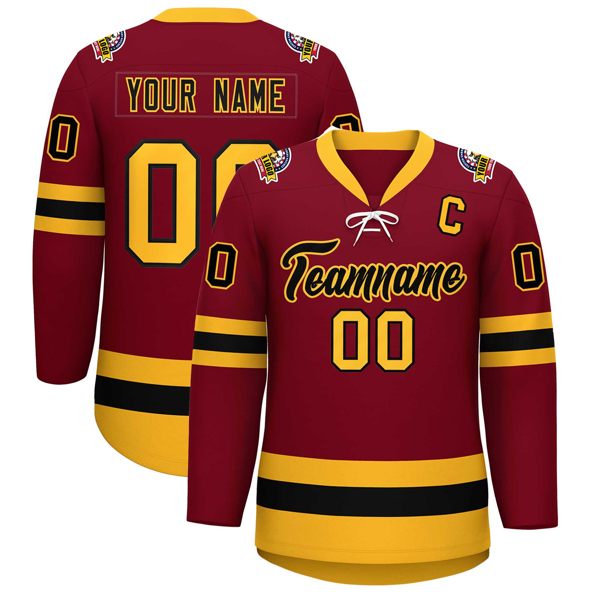 Custom Crimson Black-Gold Lace-Up Neck Hockey Jersey | KXKSHOP
