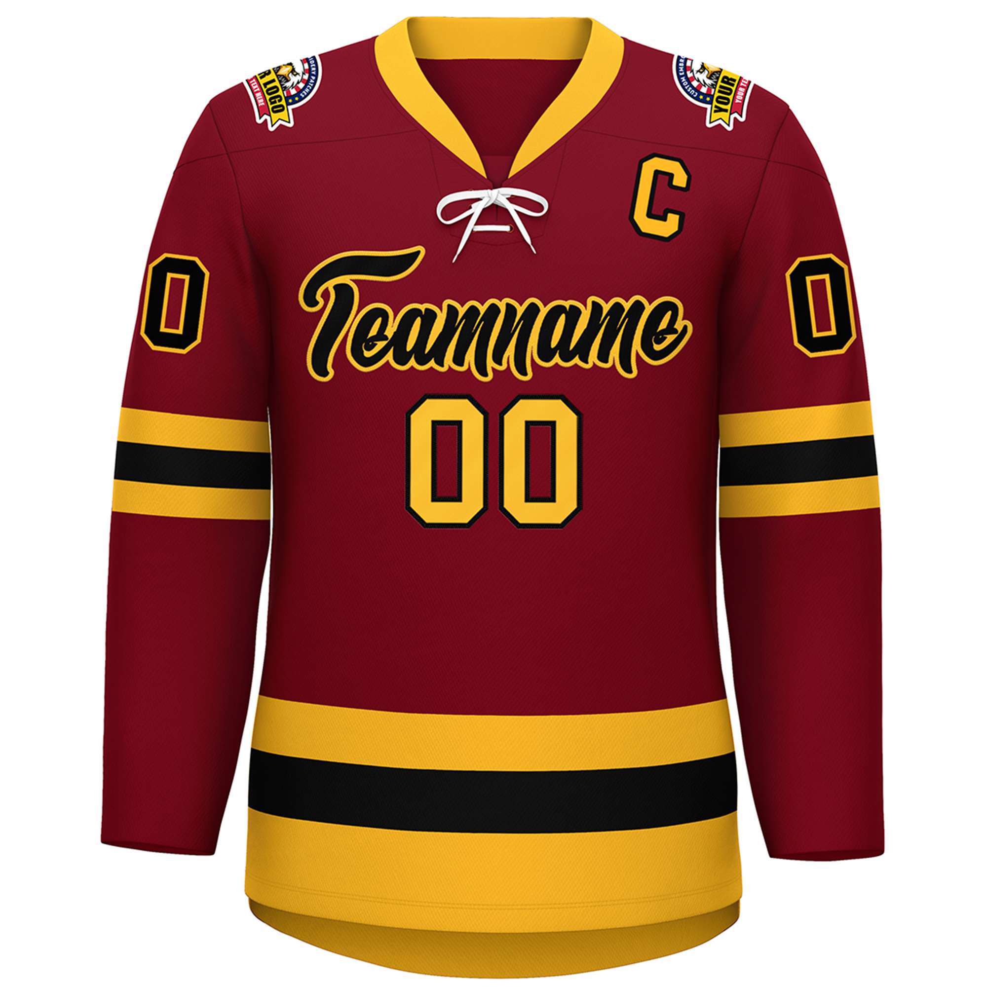 Custom Crimson Black-Gold Lace-Up Neck Hockey Jersey | KXKSHOP