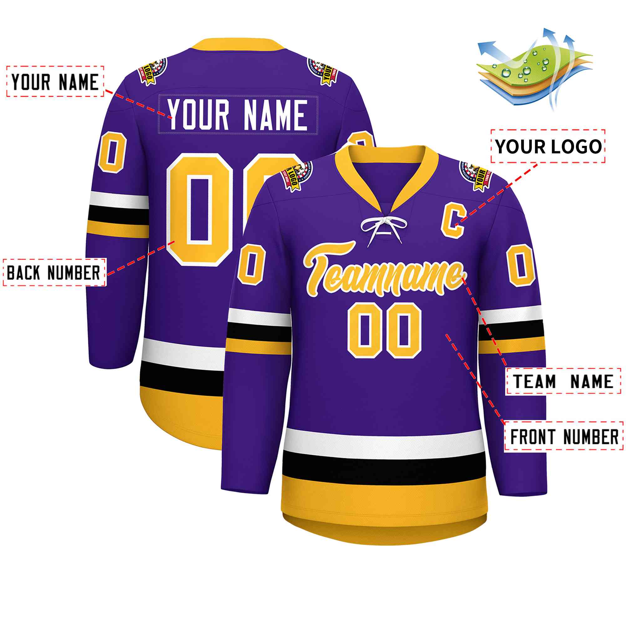 Custom Purple Gold-White Lace-Up Neck Hockey Jersey | KXKSHOP