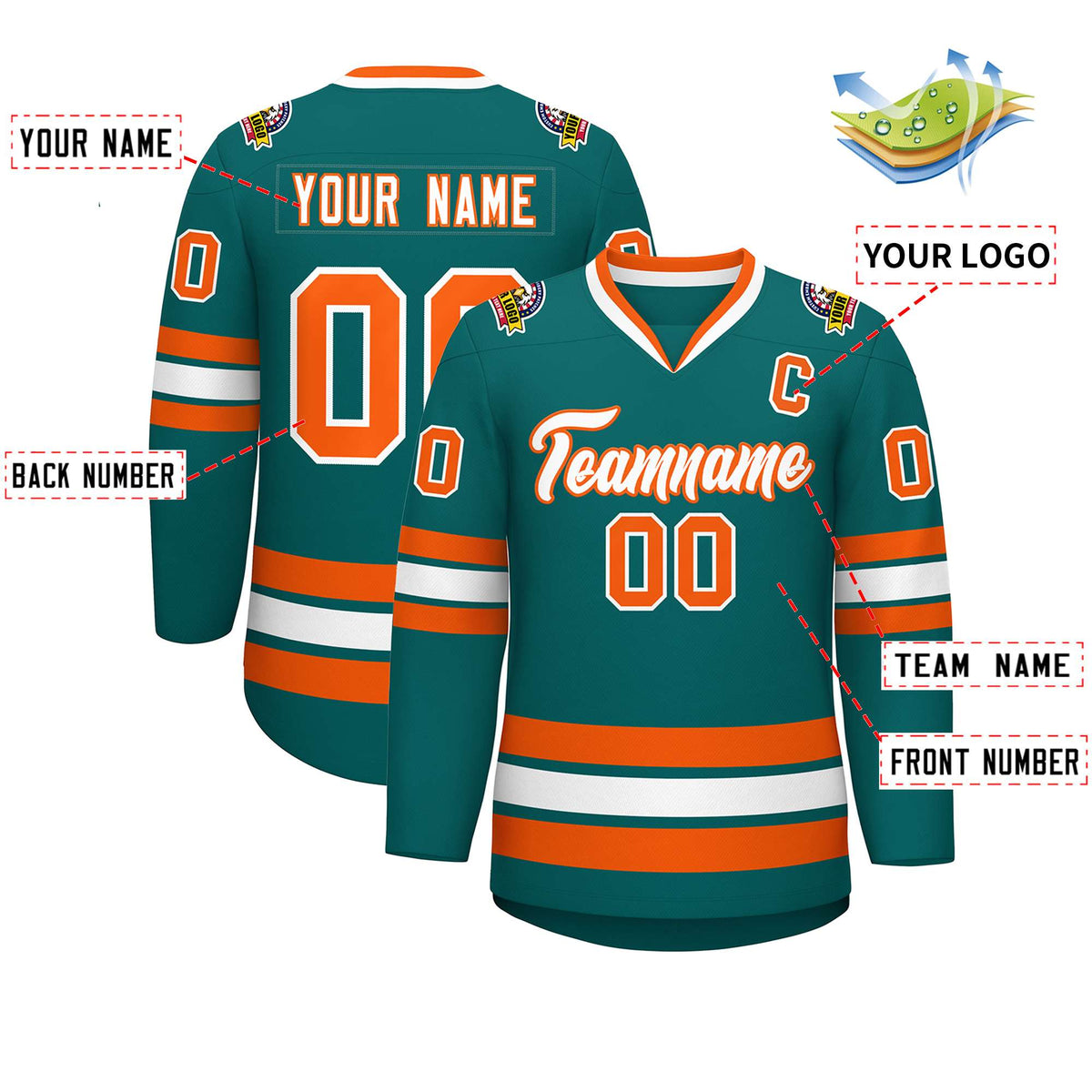 Custom Teal White-Orange Classic Style Hockey Jersey | KXKSHOP