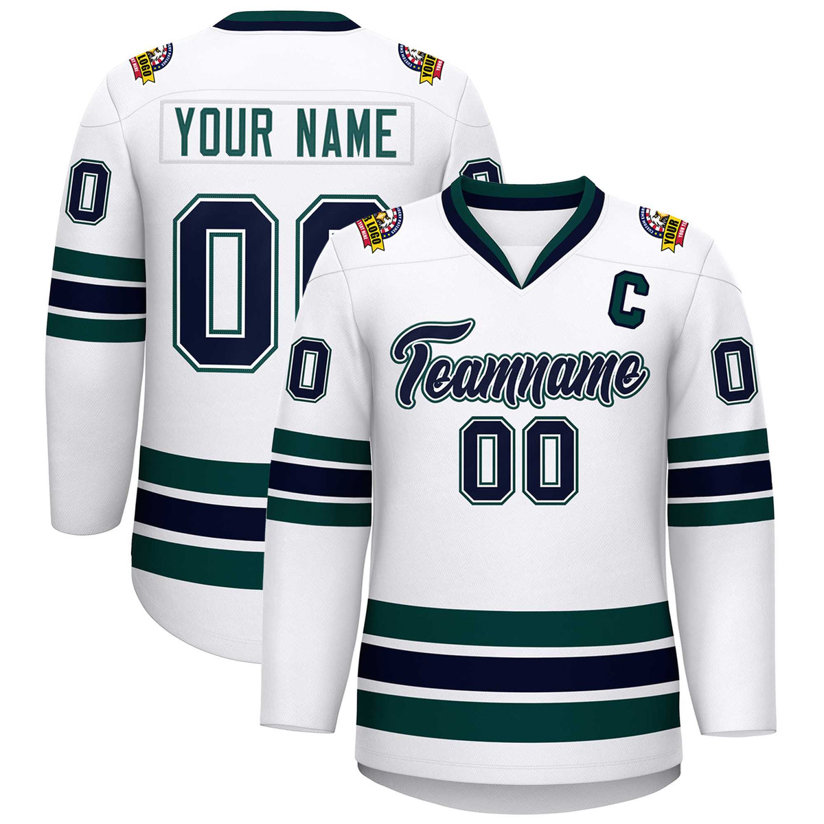 Custom White Navy White-Midnight Green Classic Style Hockey Jersey | KXKSHOP