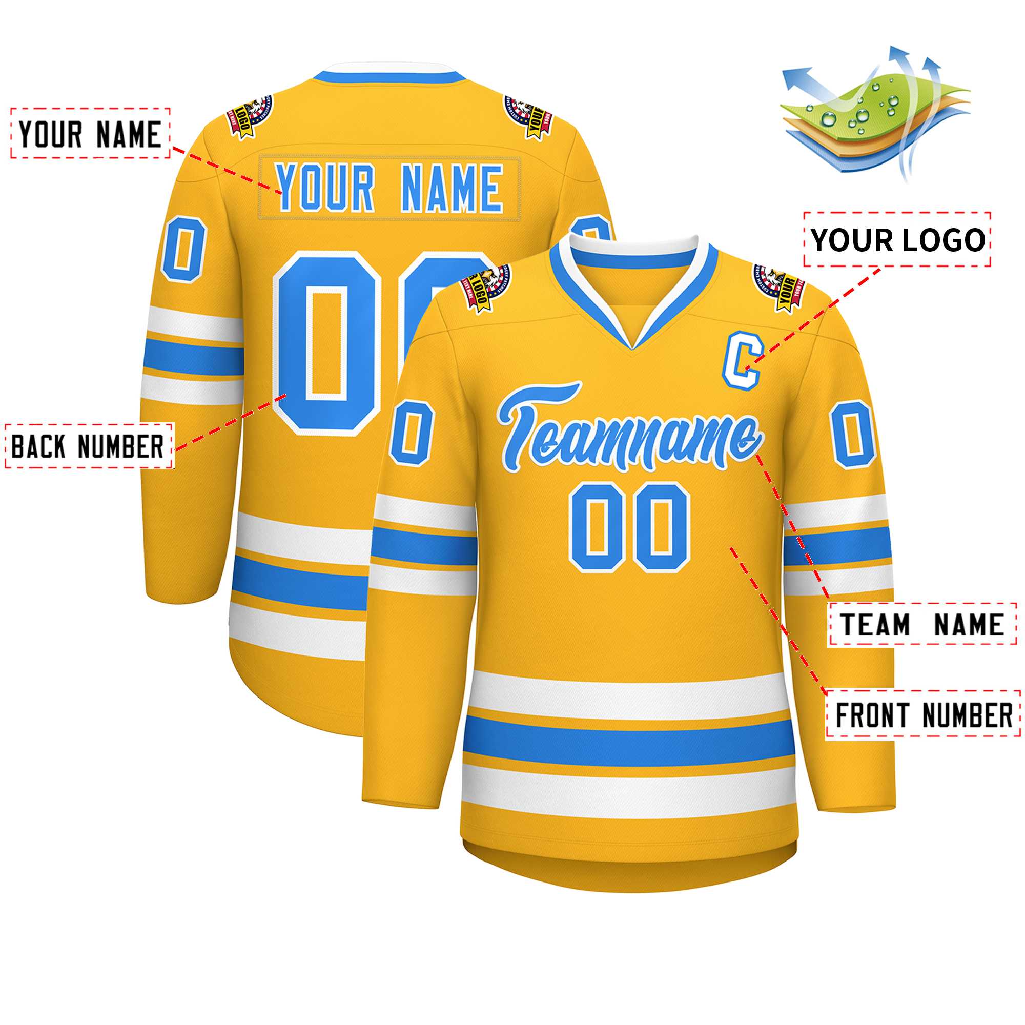 Custom Gold Powder Blue-White Classic Style Hockey Jersey | KXKSHOP