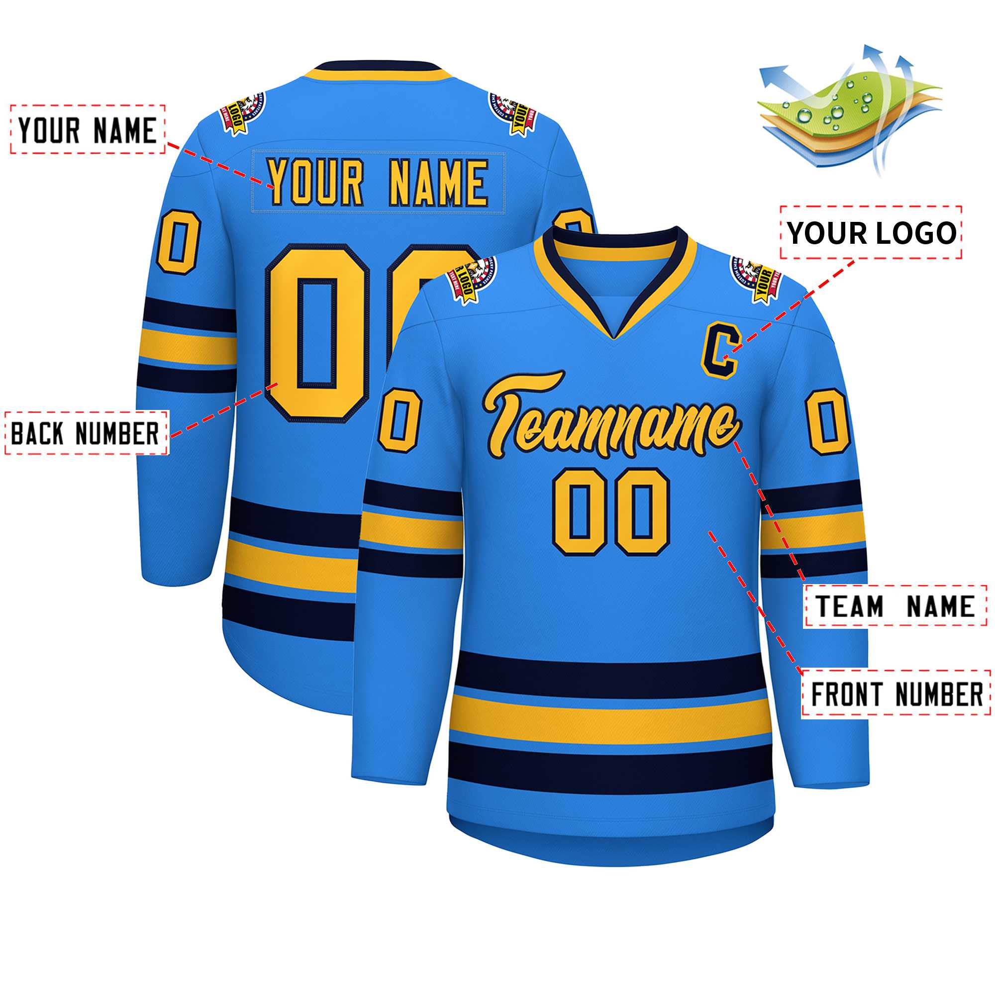 Custom Powder Blue Gold-Navy Classic Style Hockey Jersey | KXKSHOP
