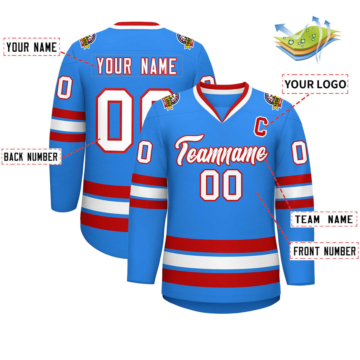 Custom Powder Blue White-Red Classic Style Hockey Jersey | KXKSHOP