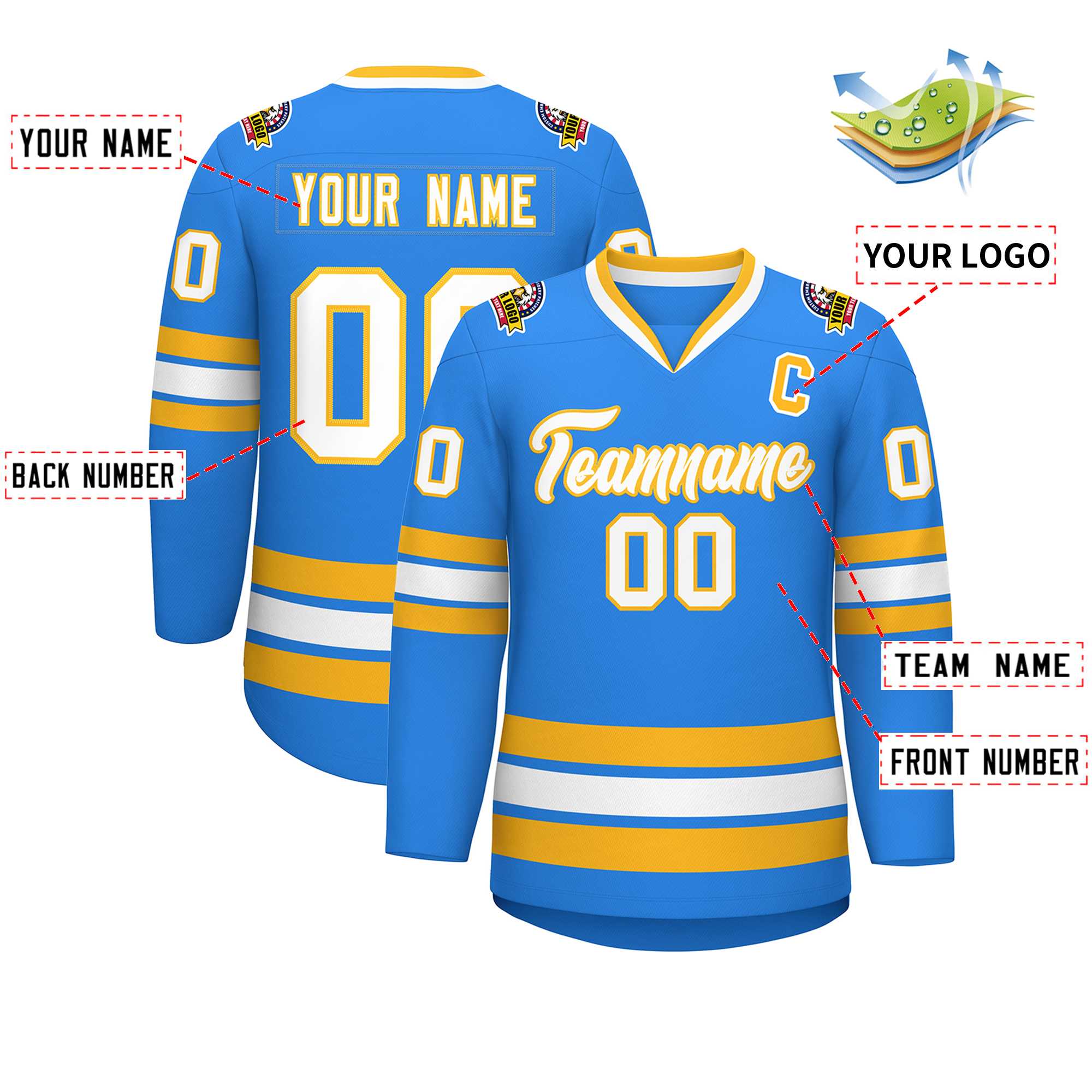 Custom Powder Blue White-Gold Classic Style Hockey Jersey | KXKSHOP