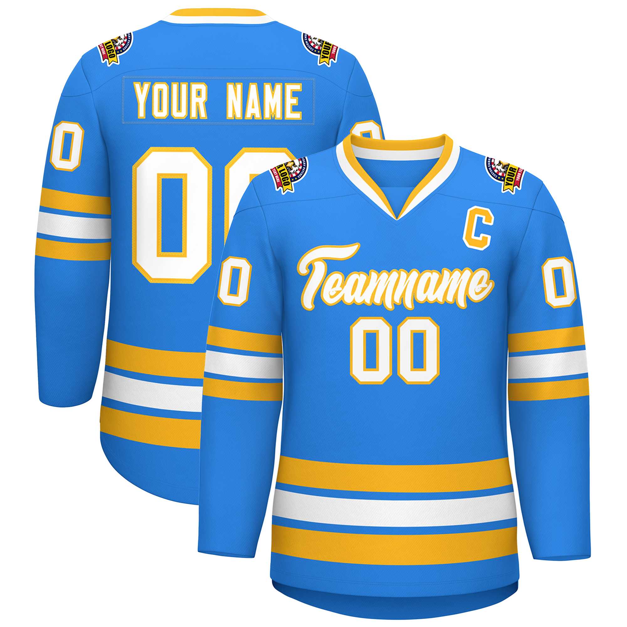Custom Powder Blue White-Gold Classic Style Hockey Jersey | KXKSHOP
