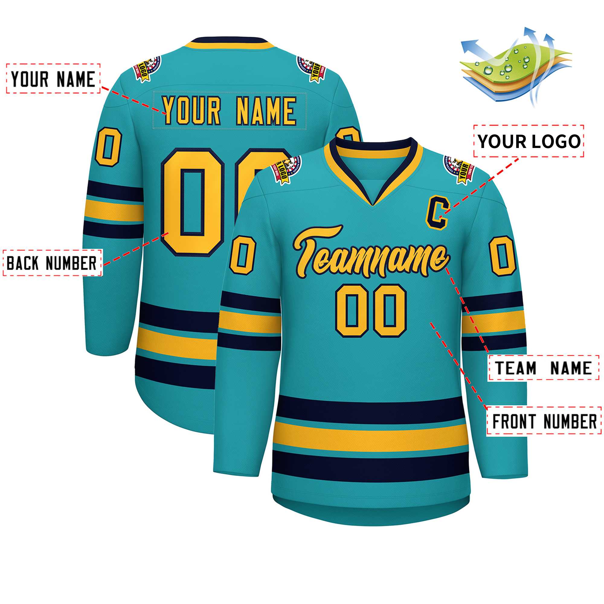 Custom Aqua Gold-Navy Classic Style Hockey Jersey | KXKSHOP