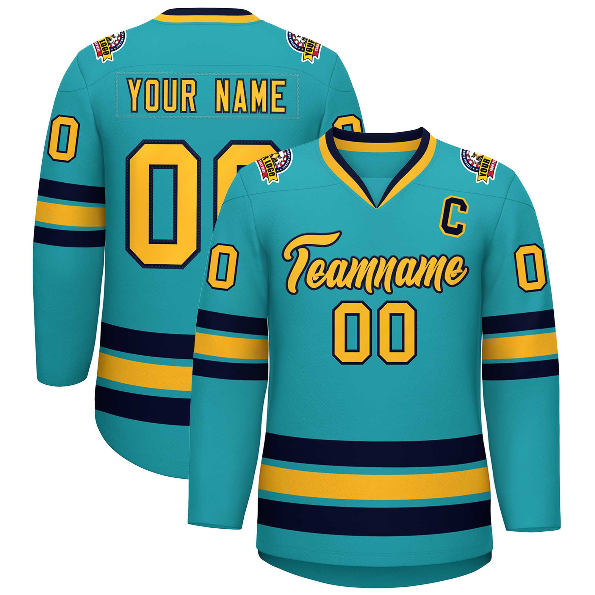 Custom Aqua Gold-Navy Classic Style Hockey Jersey | KXKSHOP