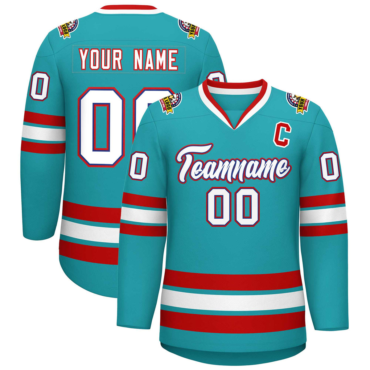 Custom Aqua White Royal-Red Classic Style Hockey Jersey | KXKSHOP