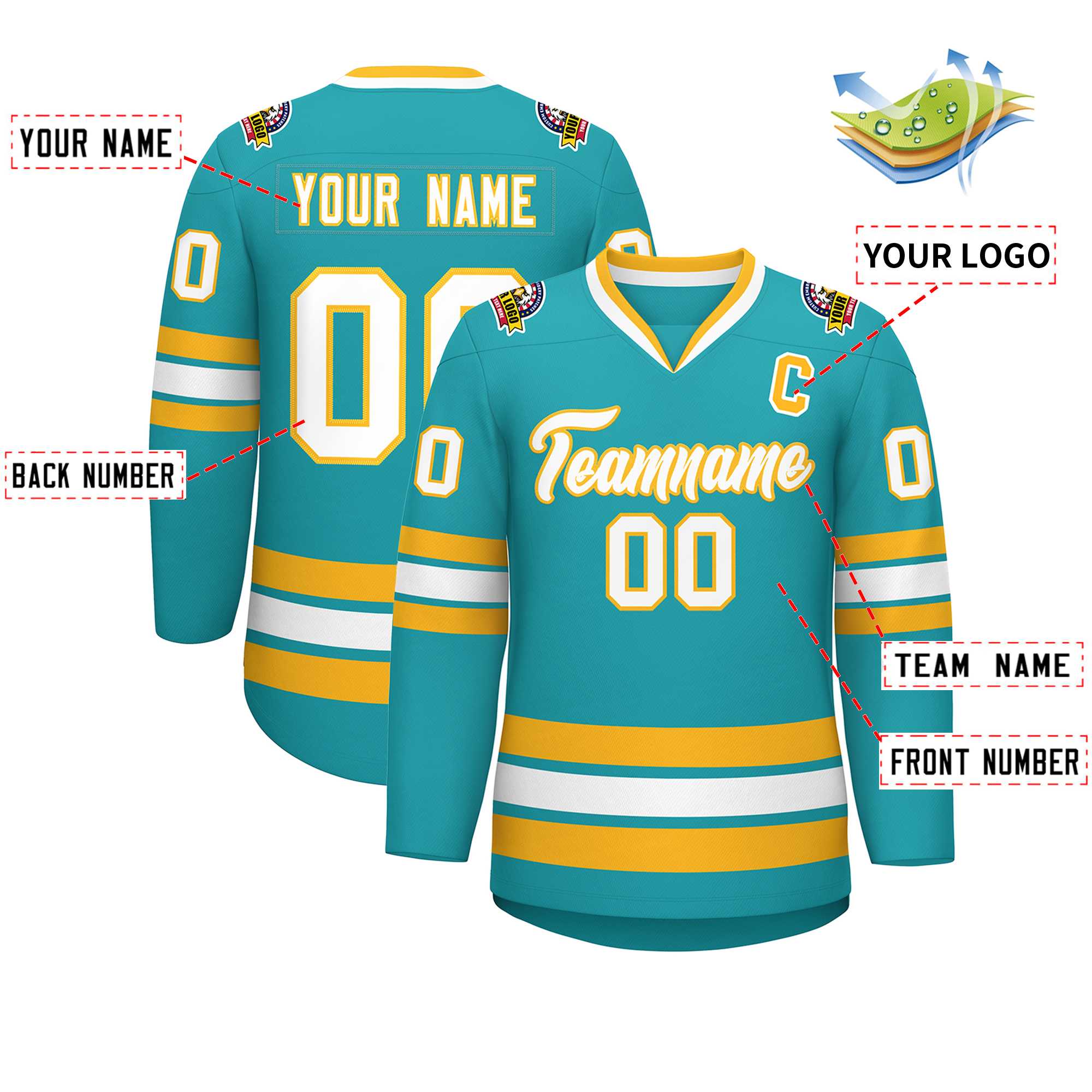 Custom Aqua White-Gold Classic Style Hockey Jersey | KXKSHOP