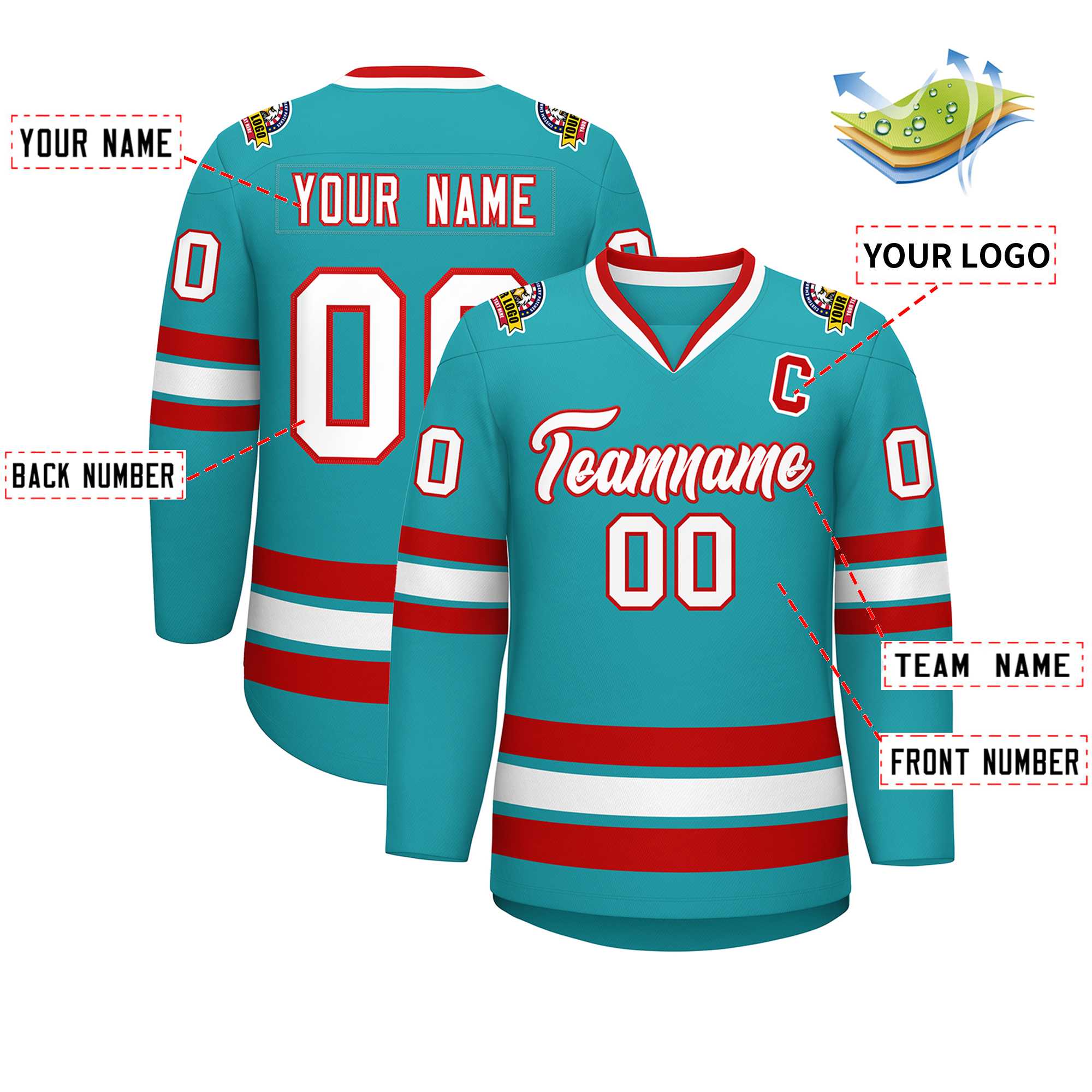 Custom Aqua White-Red Classic Style Hockey Jersey | KXKSHOP