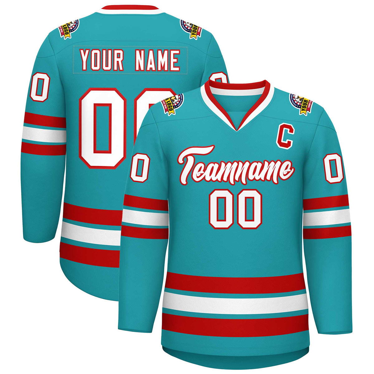 Custom Aqua White-Red Classic Style Hockey Jersey | KXKSHOP