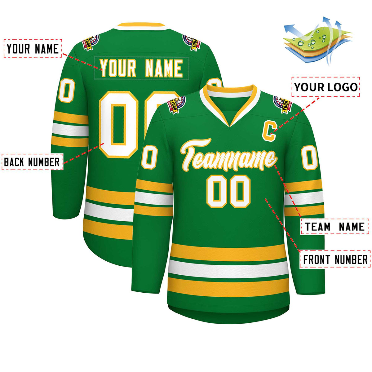 Custom Kelly Green White-Gold Classic Style Hockey Jersey | KXKSHOP