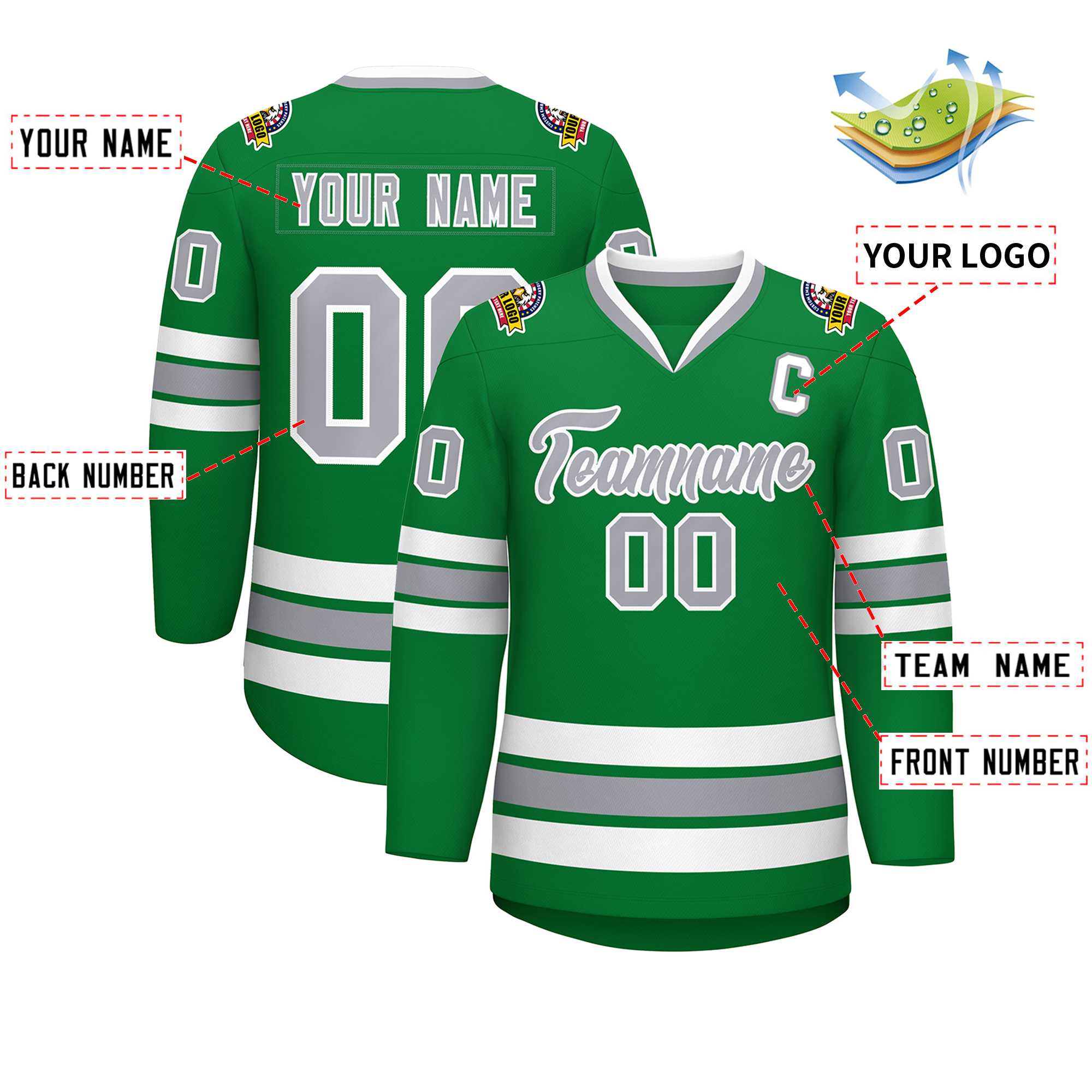 Custom Kelly Green Gray-White Classic Style Hockey Jersey | KXKSHOP
