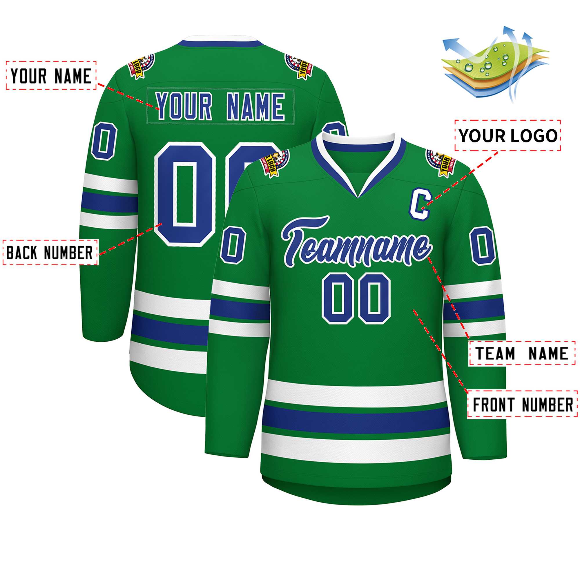 Custom Kelly Green Royal-White Classic Style Hockey Jersey | KXKSHOP