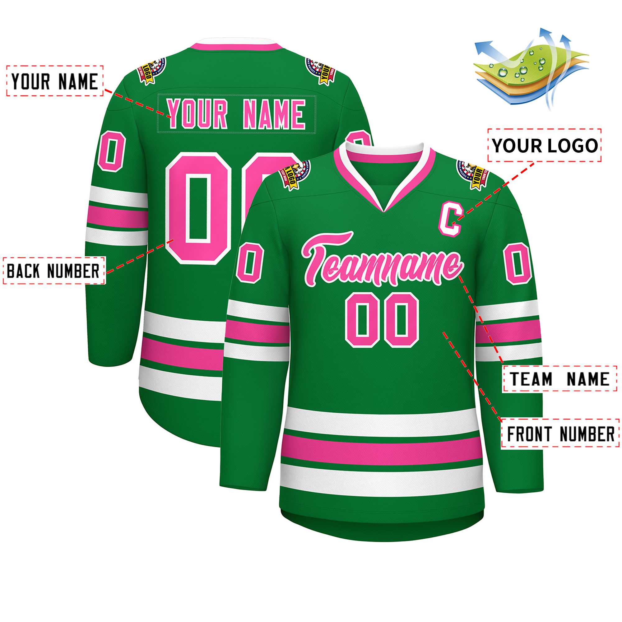 Custom Kelly Green Pink-White Classic Style Hockey Jersey | KXKSHOP