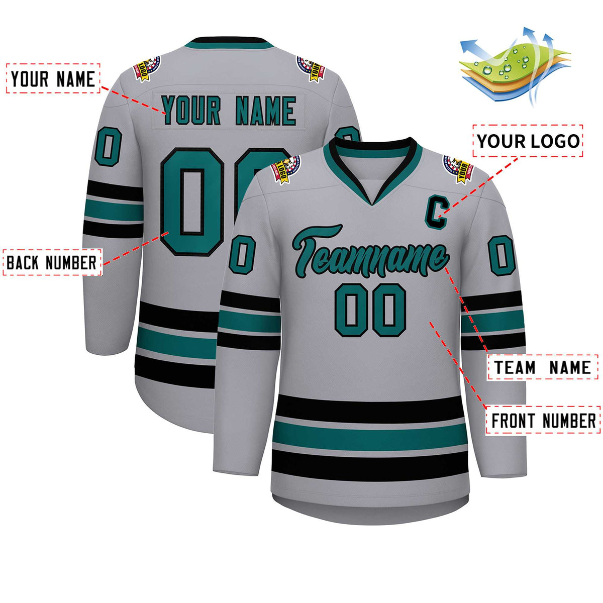 Custom Gray Aqua-Black Classic Style Hockey Jersey | KXKSHOP