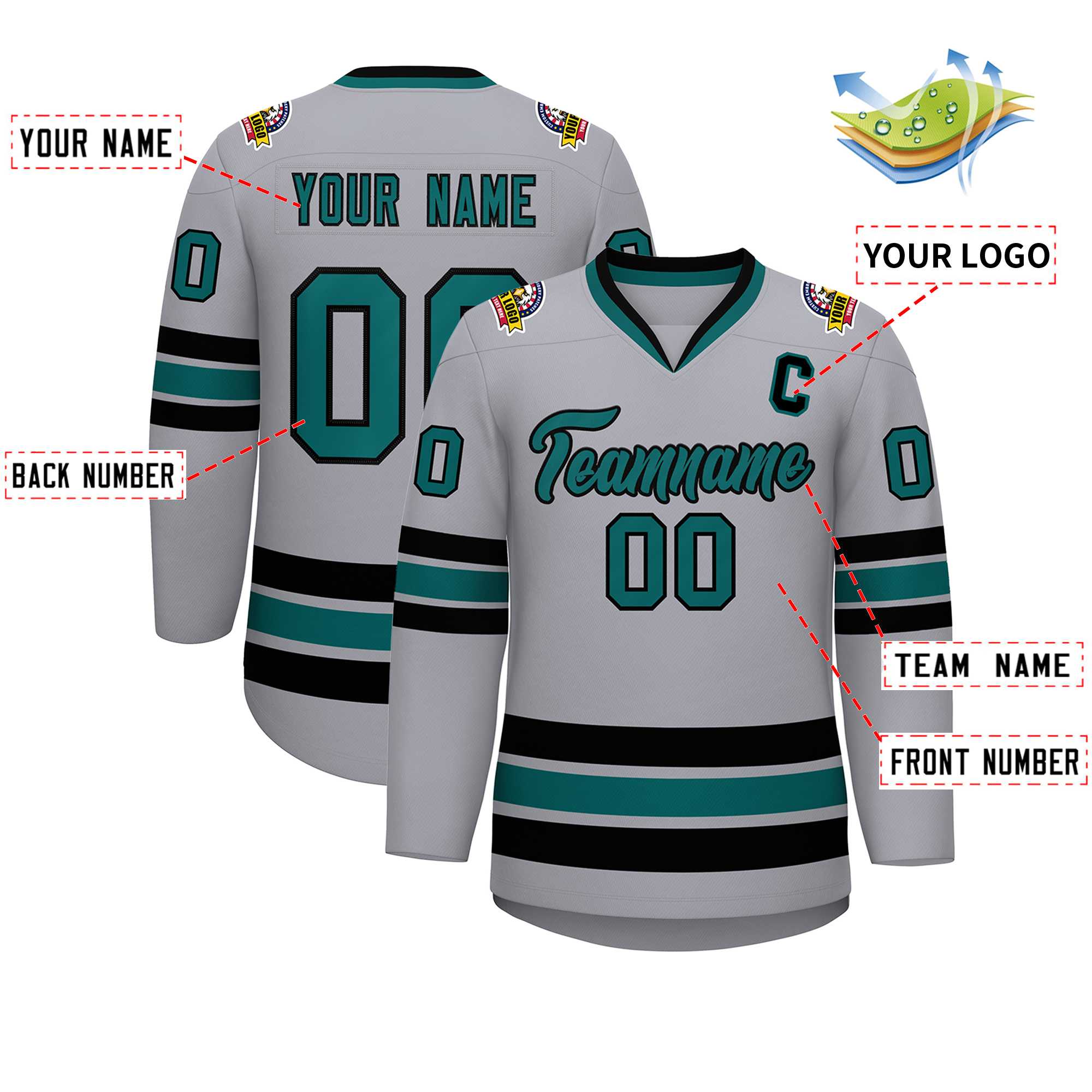 Custom Gray Aqua-Black Classic Style Hockey Jersey | KXKSHOP