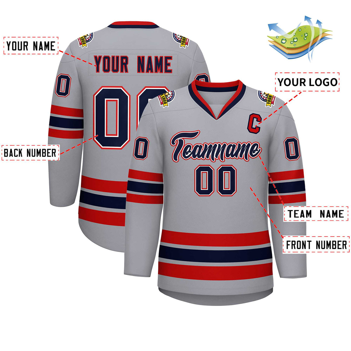 Custom Gray Navy White-Red Classic Style Hockey Jersey | KXKSHOP