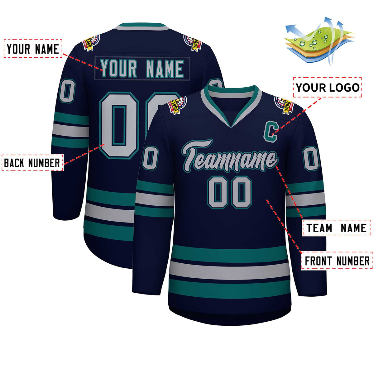 Custom Navy GrayNavy-Aqua Classic Style Hockey Jersey | KXKSHOP