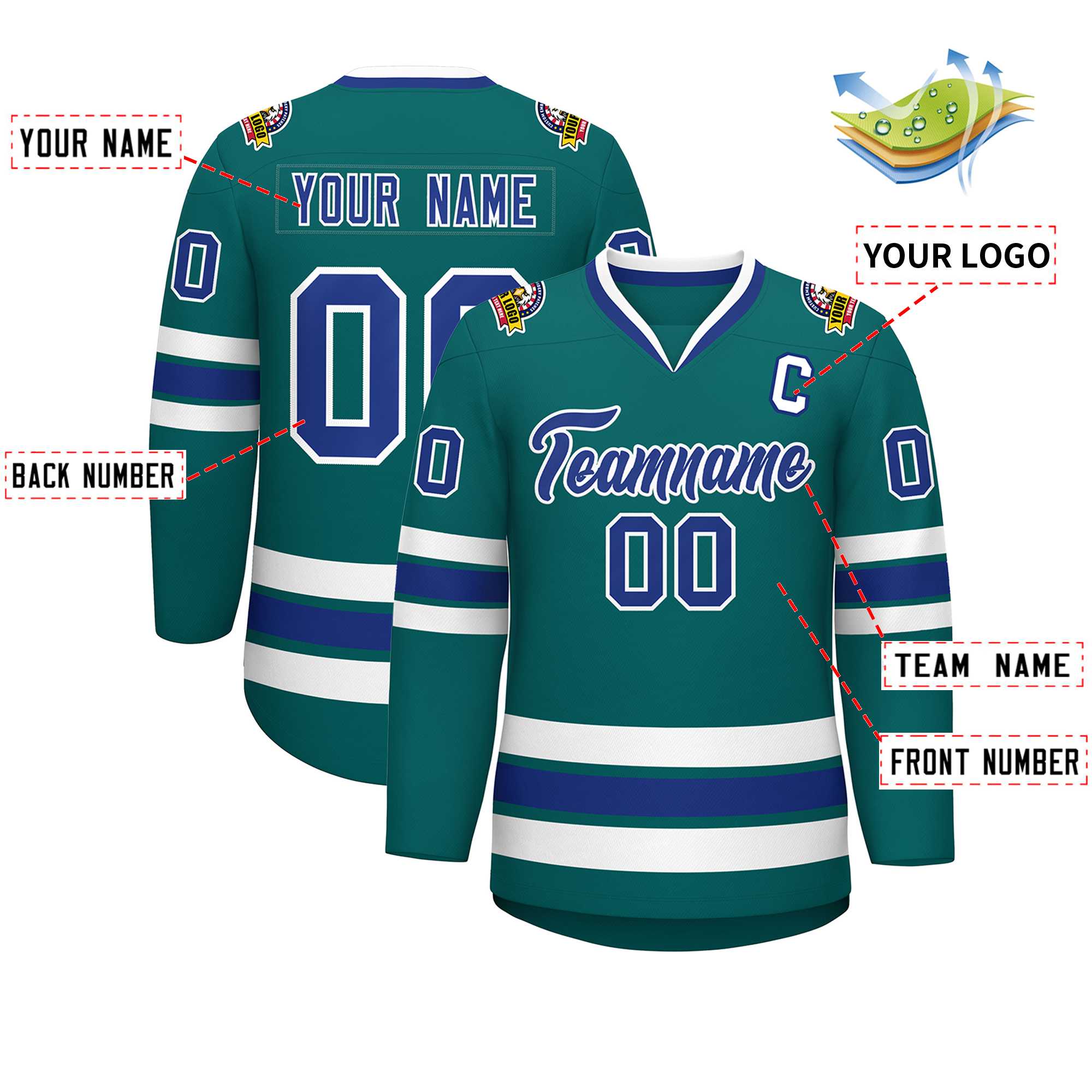 Custom Aqua Royal-White Classic Style Hockey Jersey | KXKSHOP